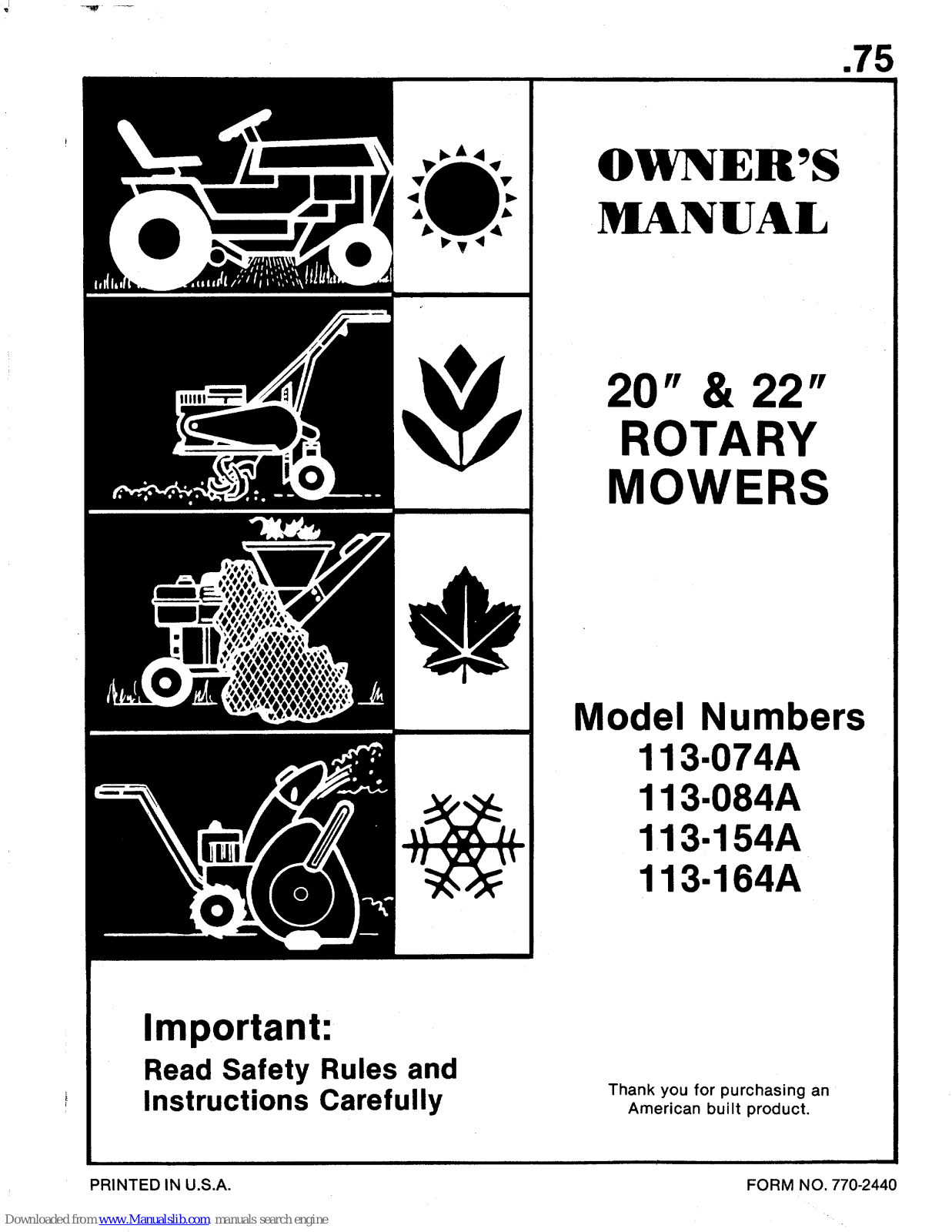 MTD 113-074A, 113-084A, 113-154AA, 113-164AA, 74 Owner's Manual