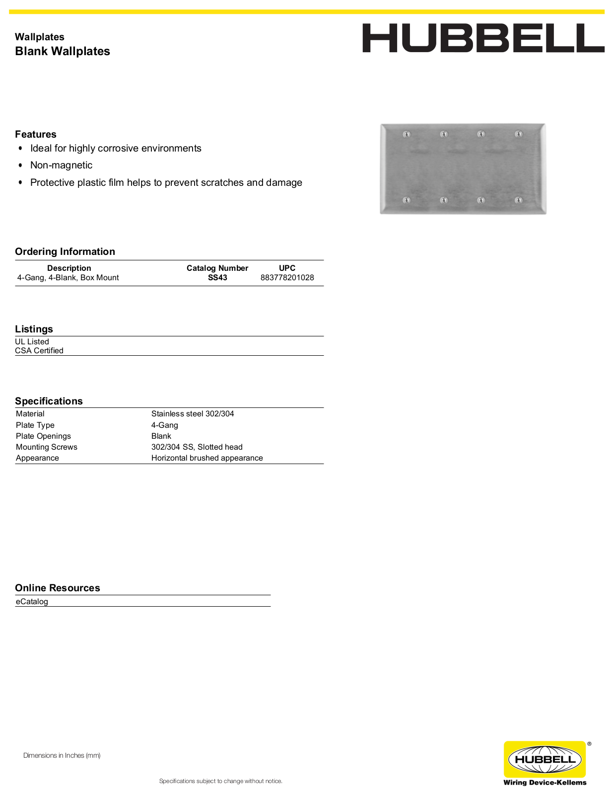 Hubbell SS43 Specifications