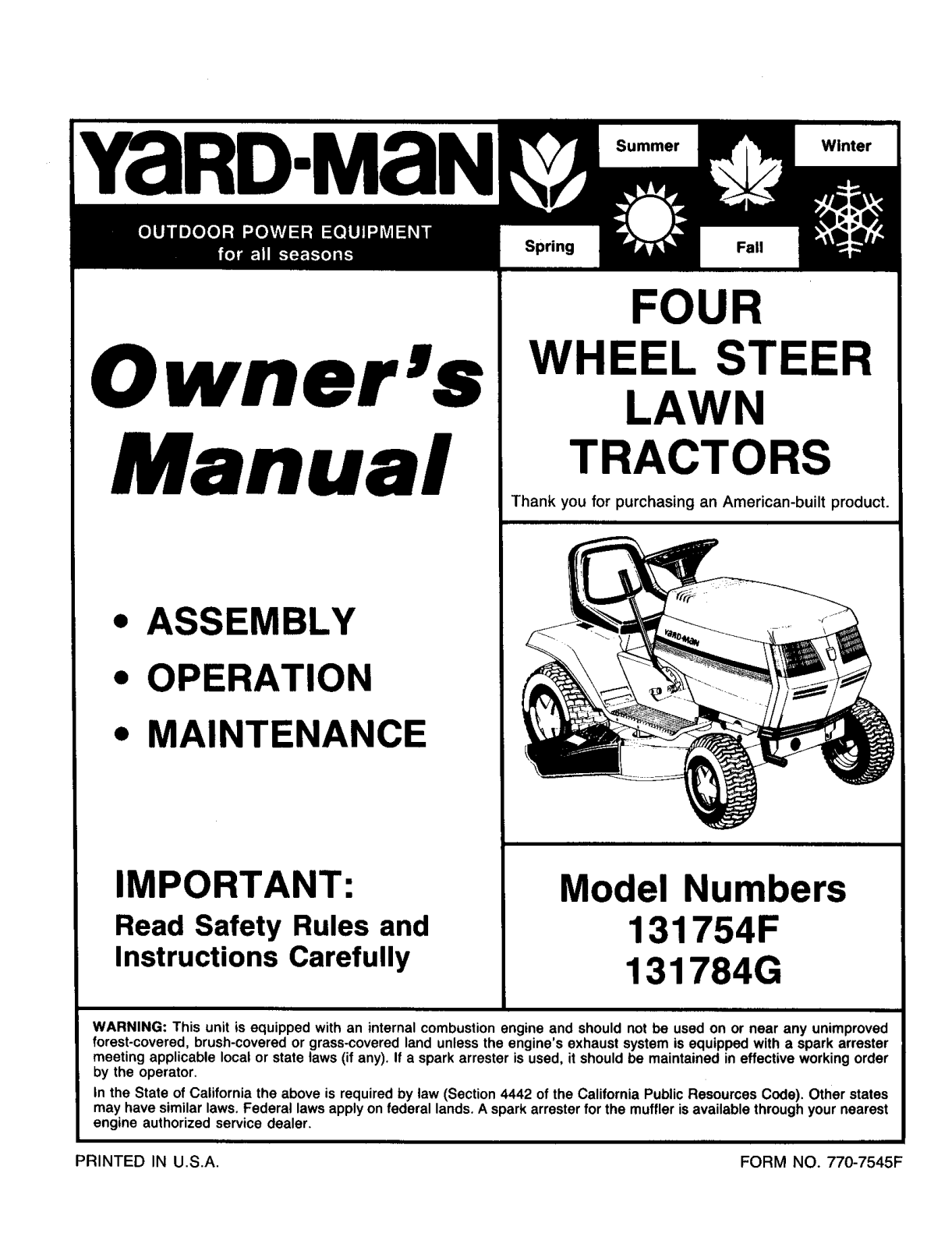 Yard-Man 131754F, 131784G User Manual