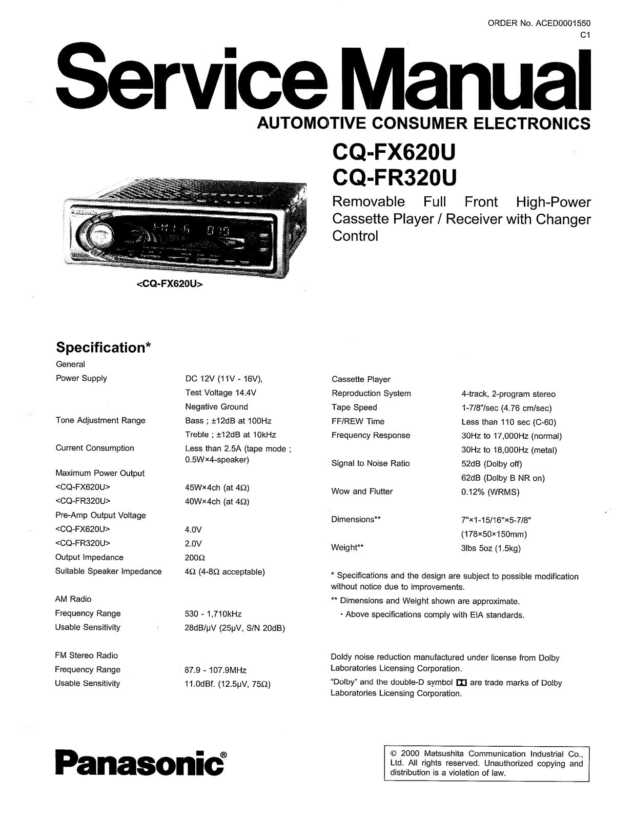 Panasonic CQFR-320, CQFX-620 Service manual