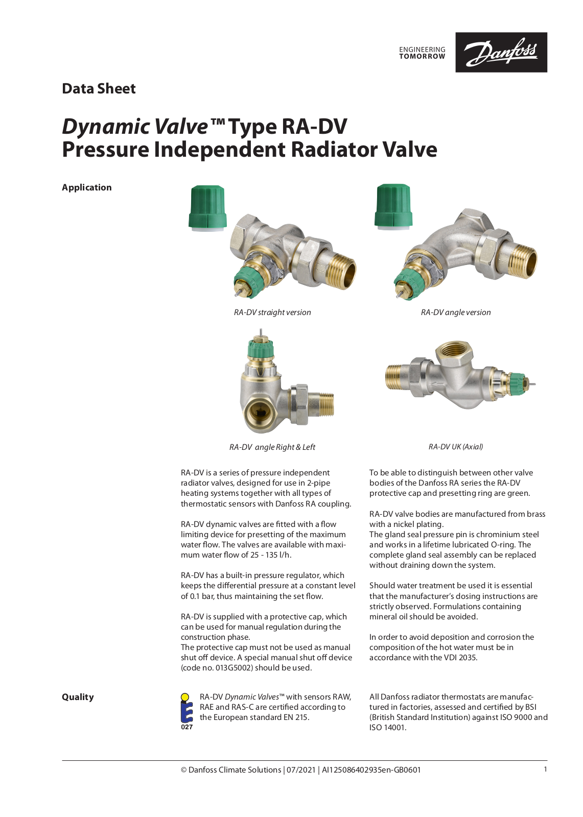 Danfoss RA-DV Data sheet