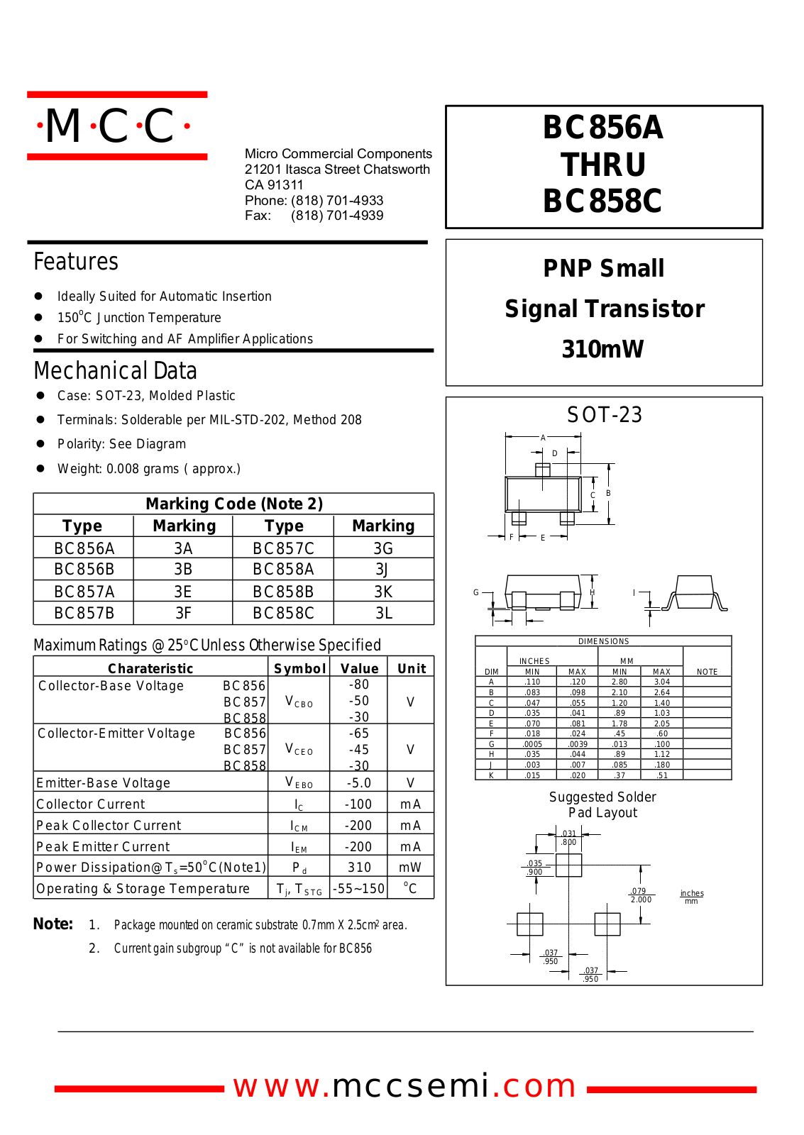 MCC BC858C, BC857B, BC858A, BC857C, BC858B Datasheet