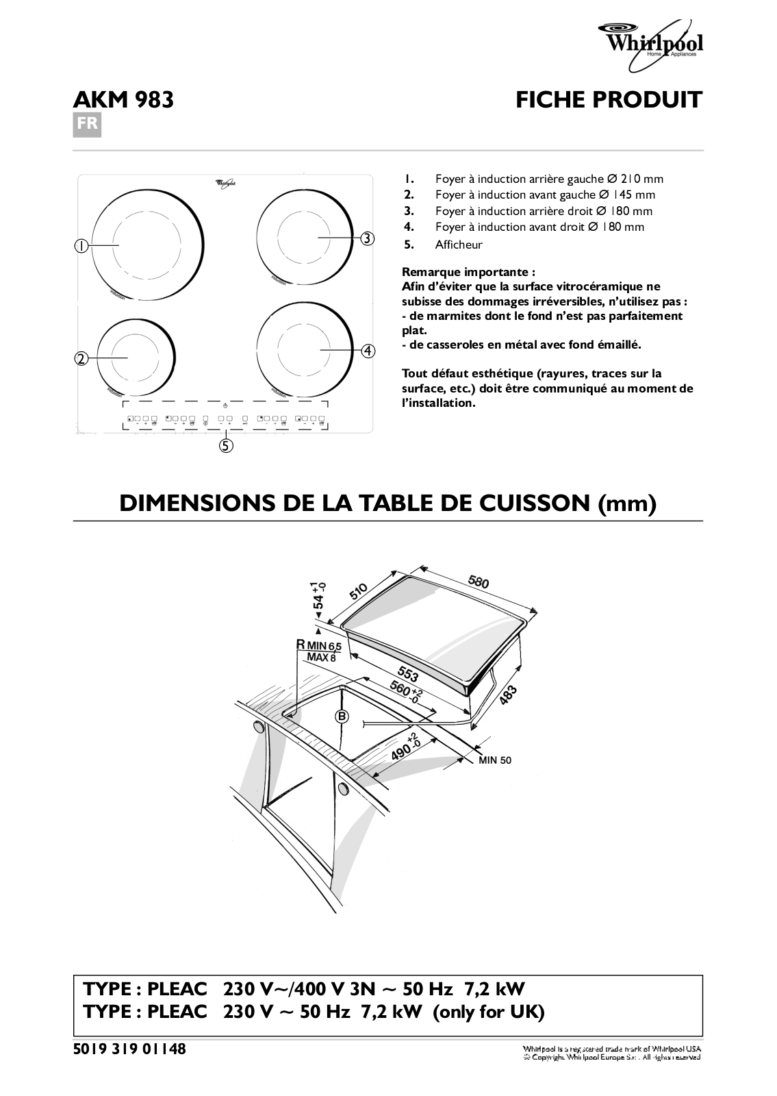 Whirlpool AKM 983 PRODUCT SHEET