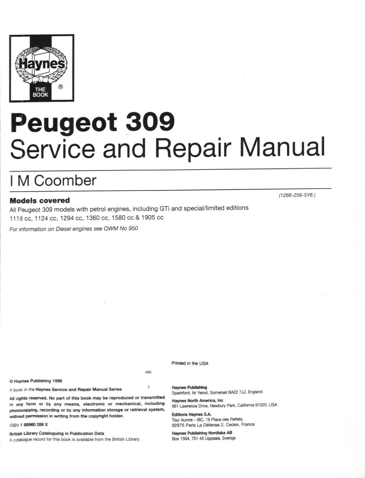 Peugeot 309 User Manual