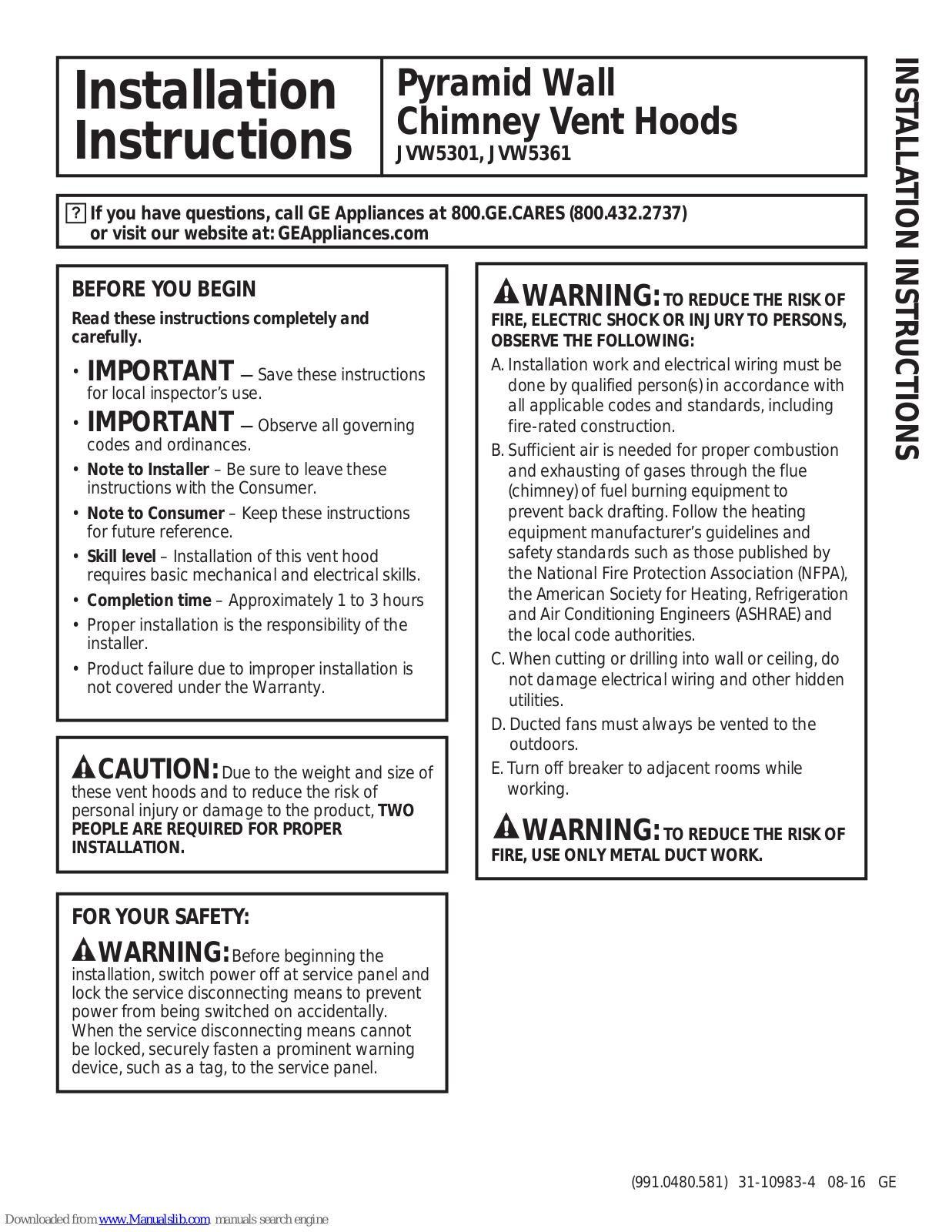 GE JVW5361 Installation Instructions Manual