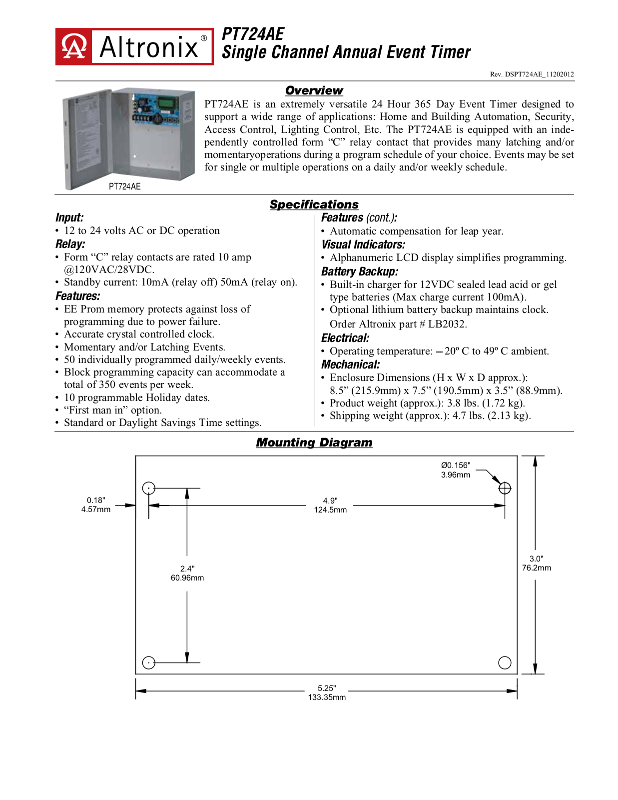 Altronix PT724AE Specsheet