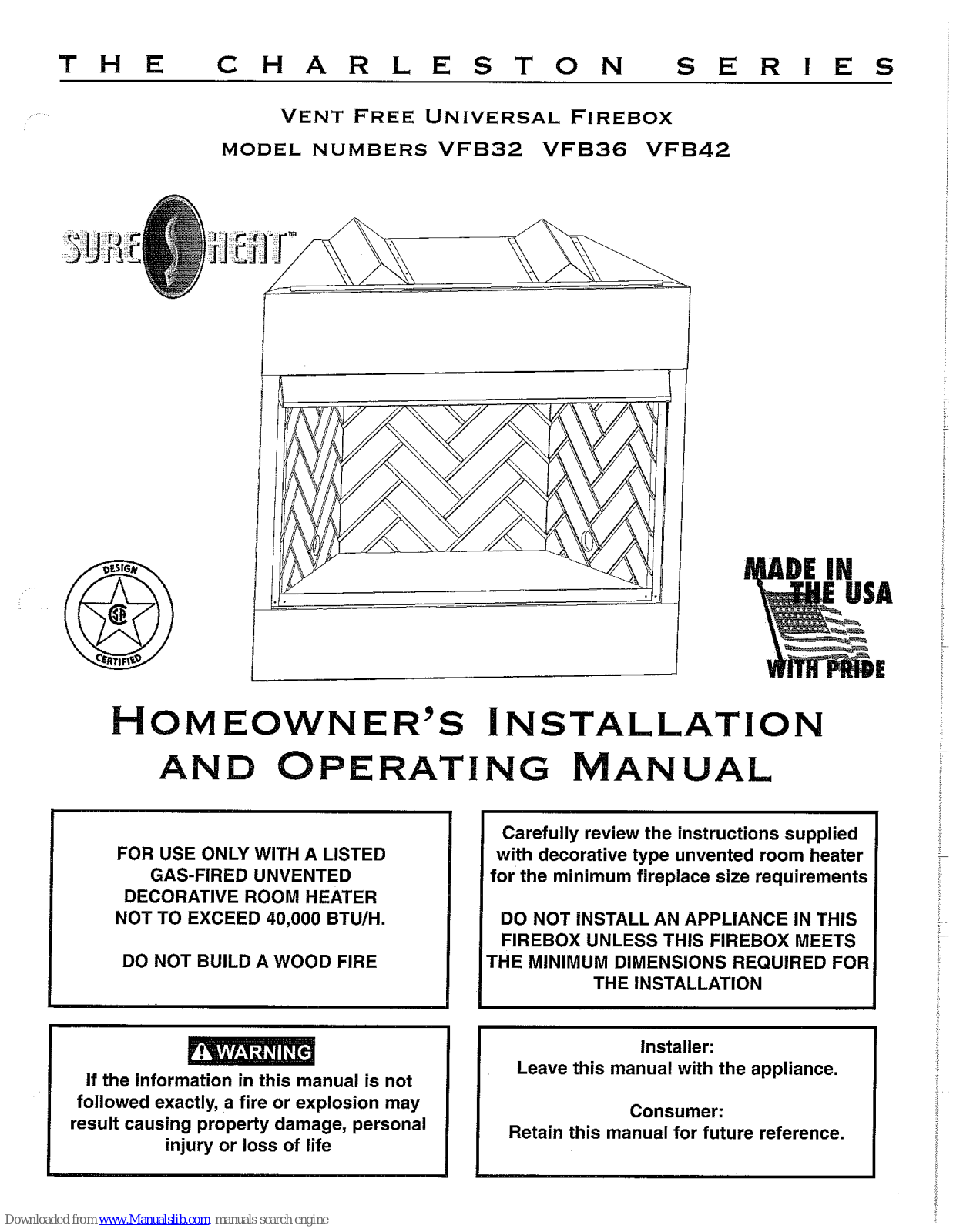 Sure Heat Charleston VFB32, Charleston VFB42, Charleston VFB36 Homeowner's Installation & Operating Manual