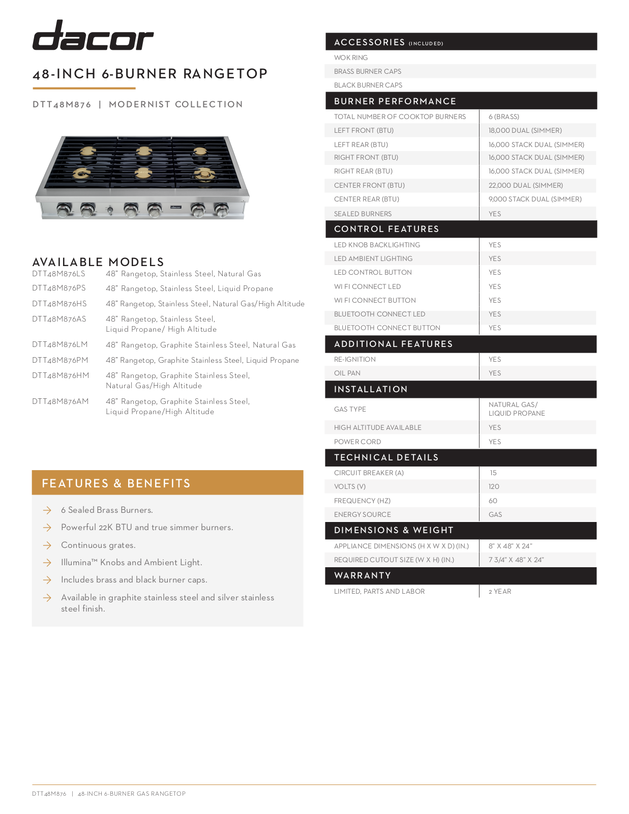 Dacor DTT48M876LS, DTT48M876LM, DTT48M876PM, DTT48M876HM, DTT48M876AM Specification Sheet