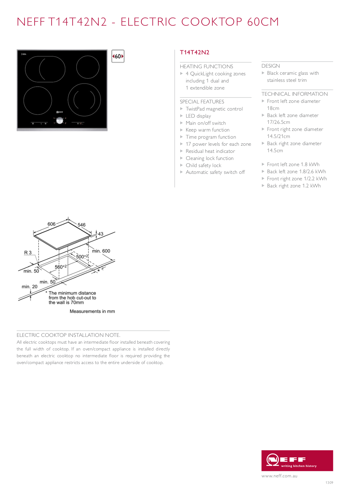 NEFF T14T42N2 Specifications Sheet