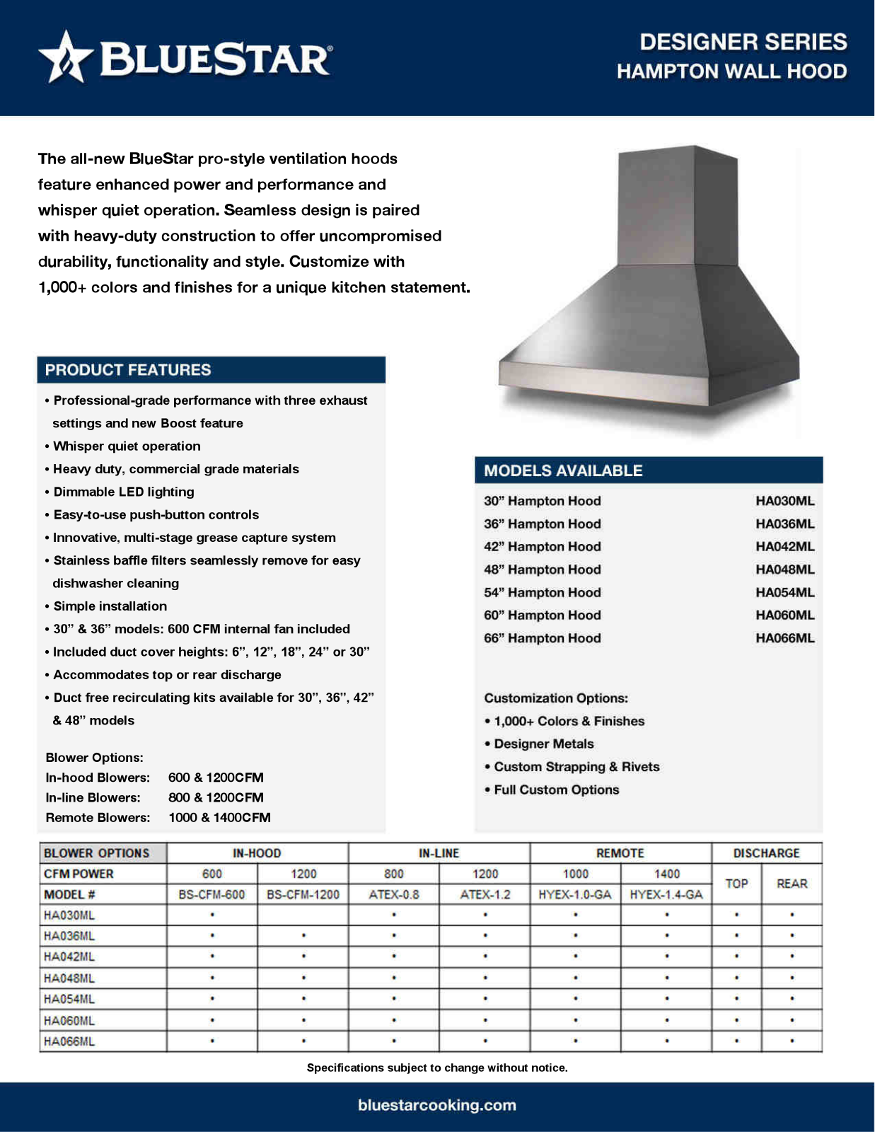 BlueStar HA 030 ML, HA 036 ML, HA 042 ML, HA 048 ML, HA 054 ML Specification Sheet