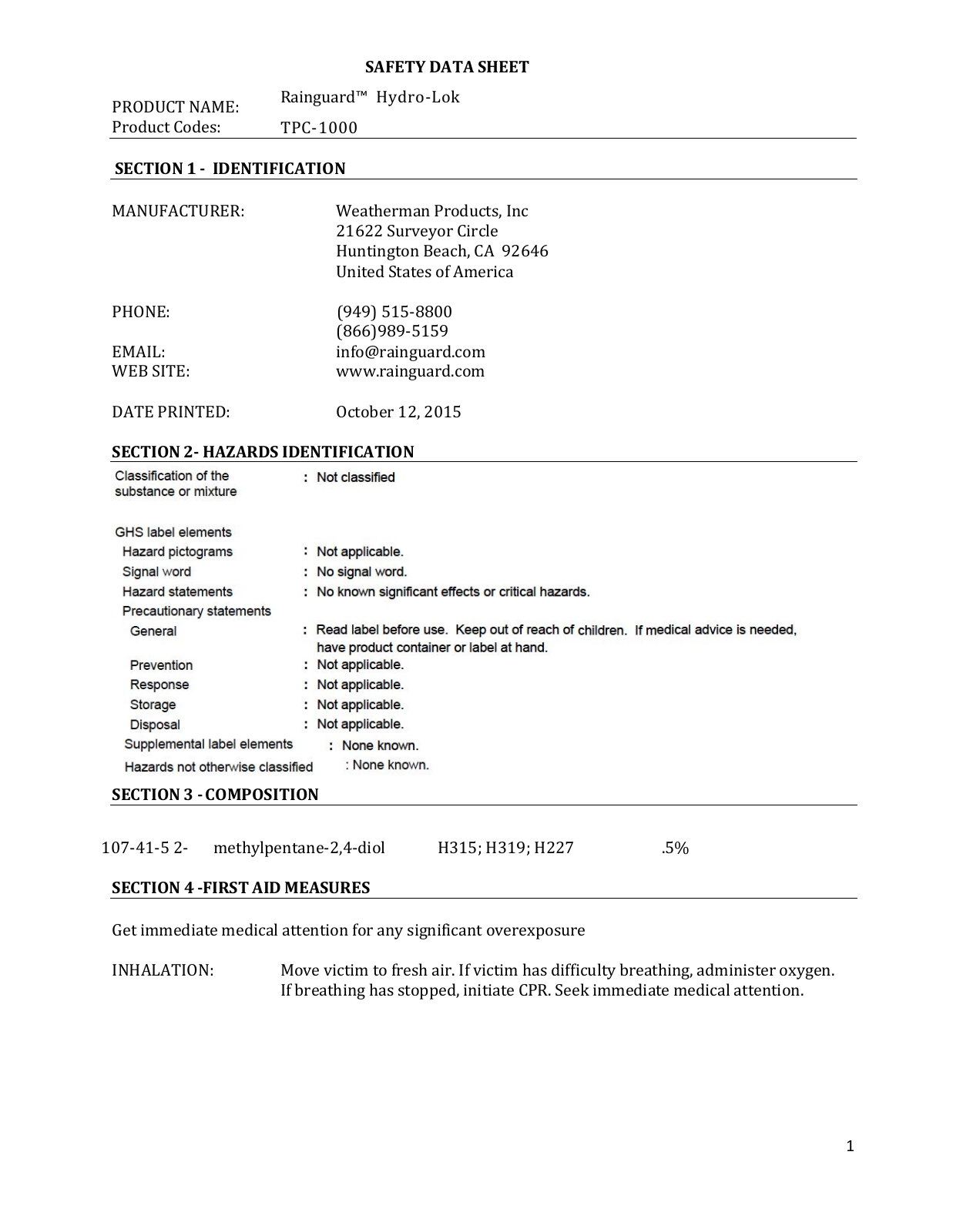 Rainguard International TPC-1000 User Manual