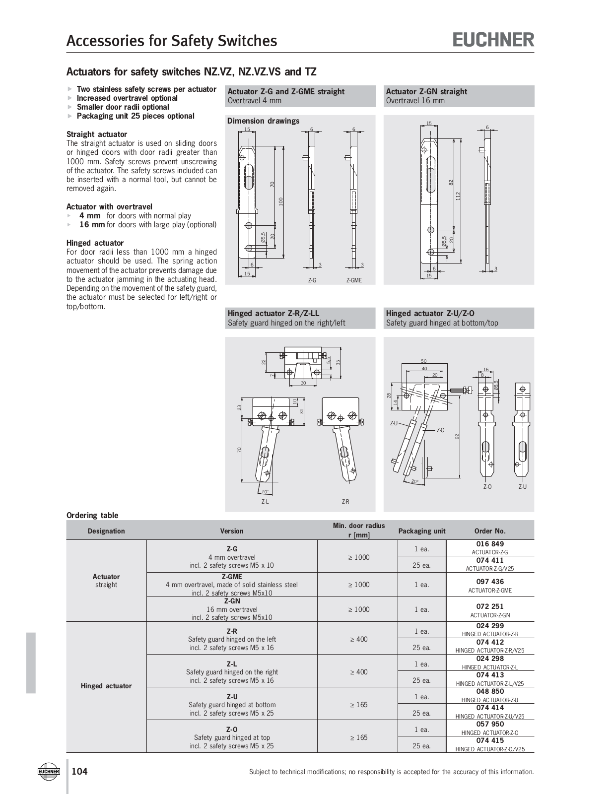 Euchner NZ.VZ.VS, NZ.VZ, TZ Accessories Catalog