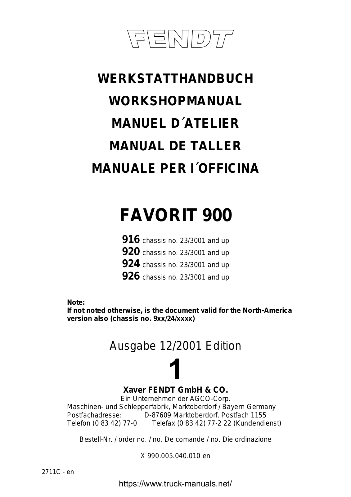 Fendt FAVORIT 916, FAVORIT 920, FAVORIT 924, FAVORIT 926 Workshop Manual