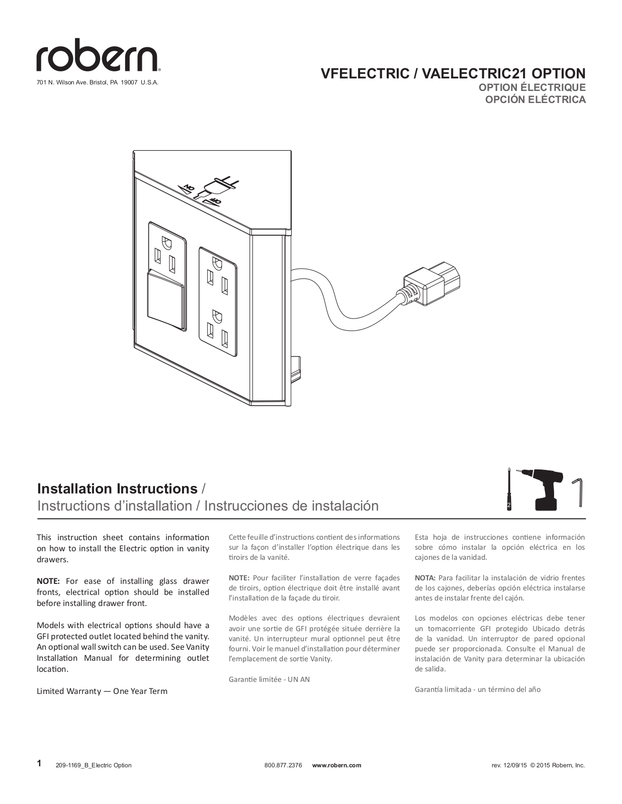 Robern VAELECTRIC21 Installation Manual