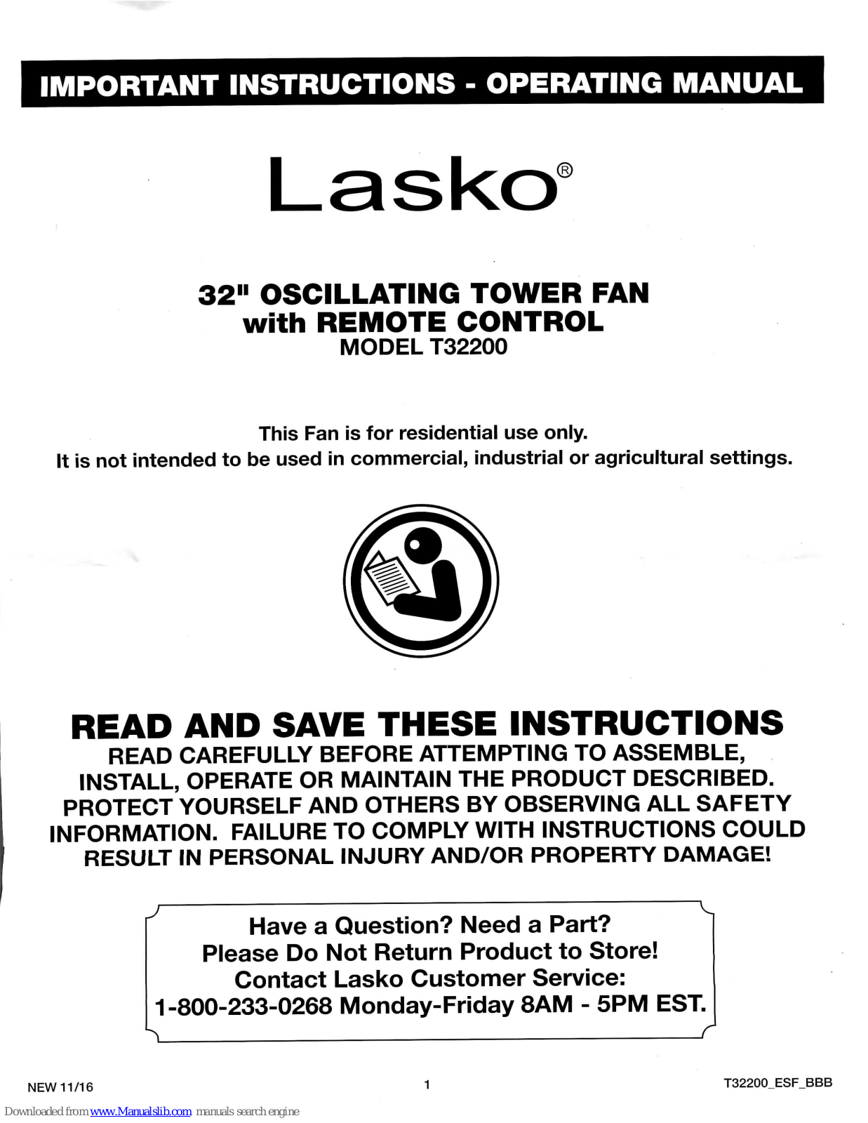 Lasko T32200 Operating Manual