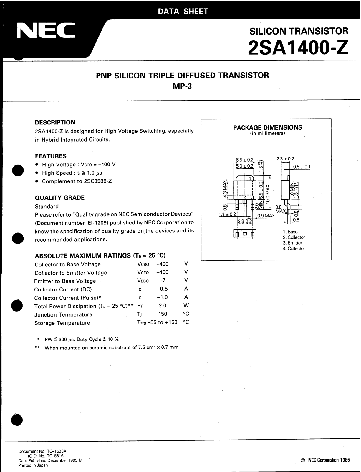 NEC 2SA1400-Z, 2SA1400 Datasheet