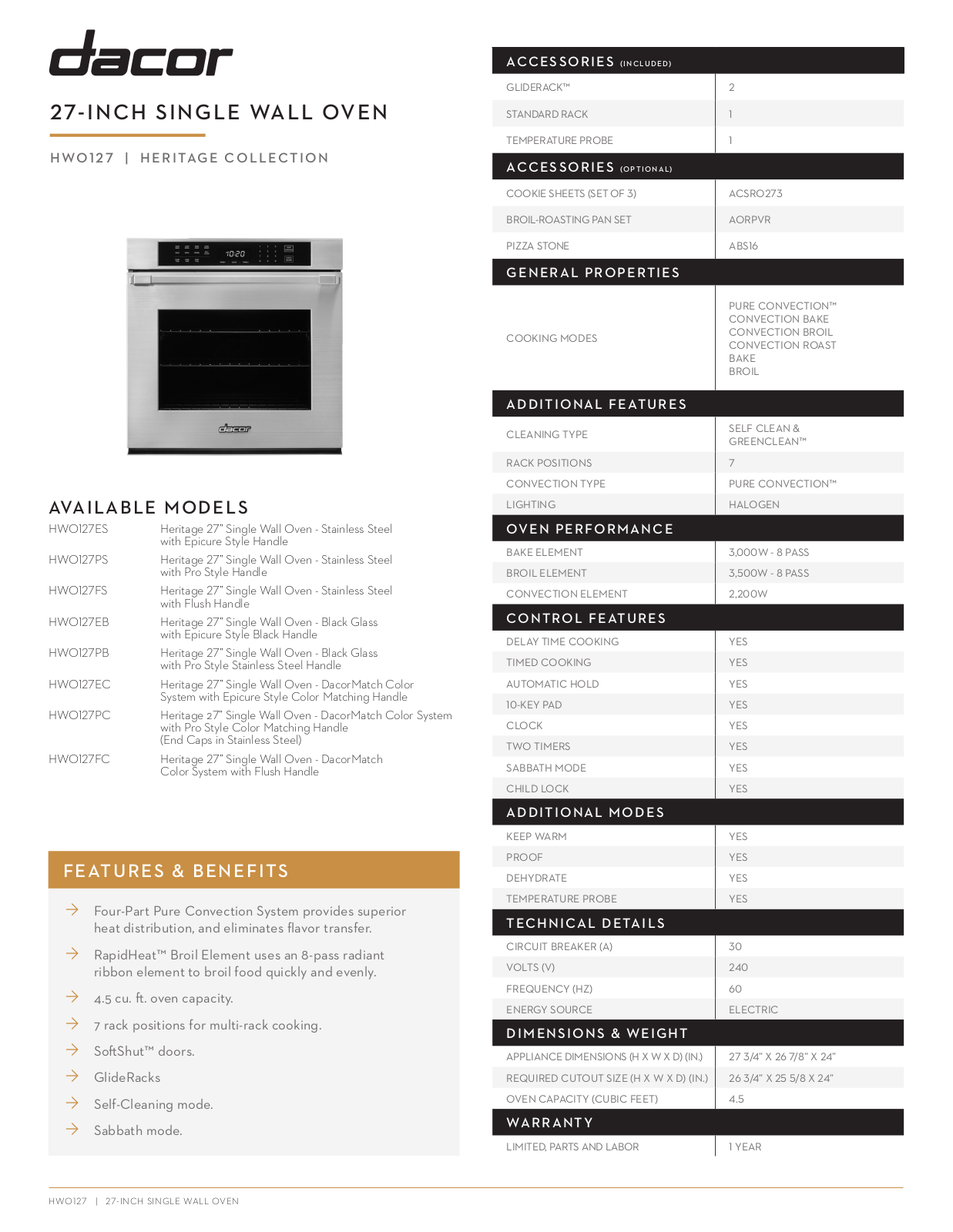 Dacor HWO127EB Specsheet