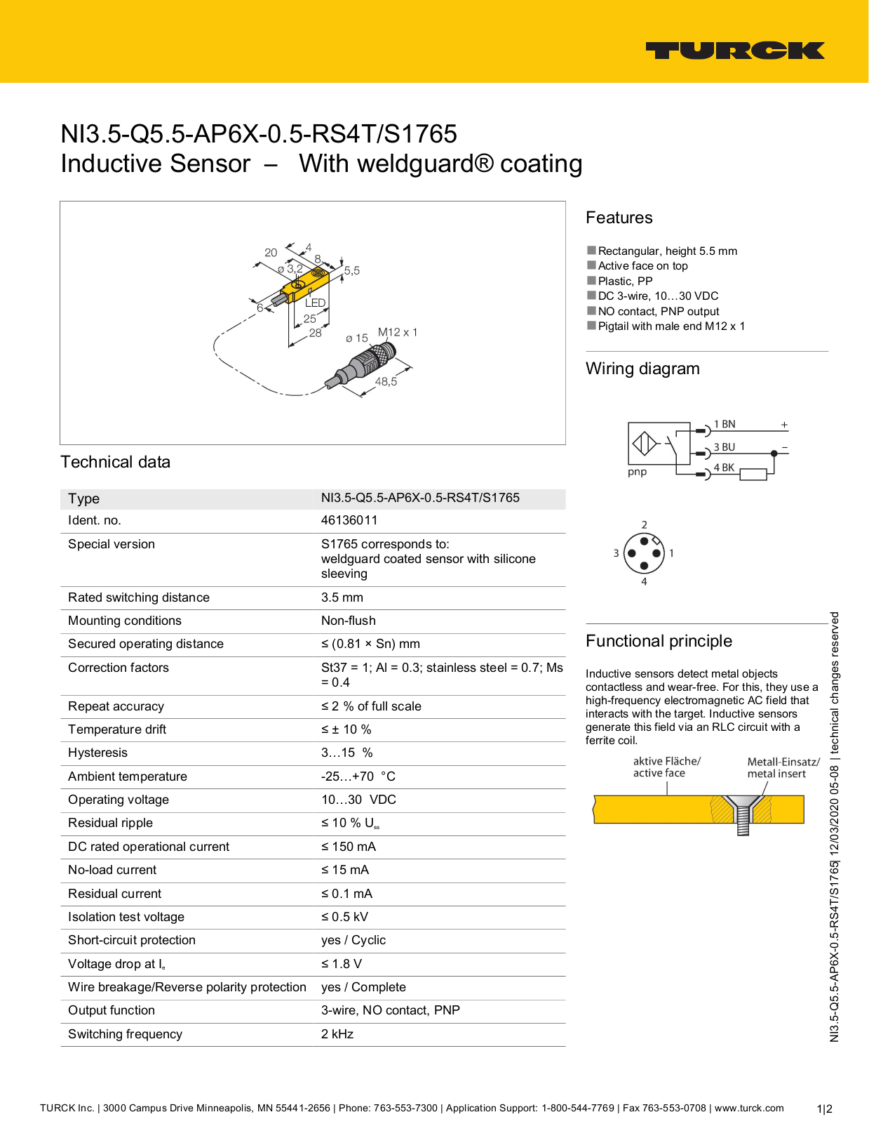 TURCK NI3.5-Q5.5-AP6X-0.5-RS4T/S1765 Technical data