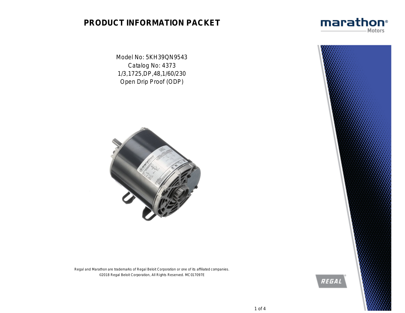 Marathon Electric 5KH39QN9543 Product Information Packet