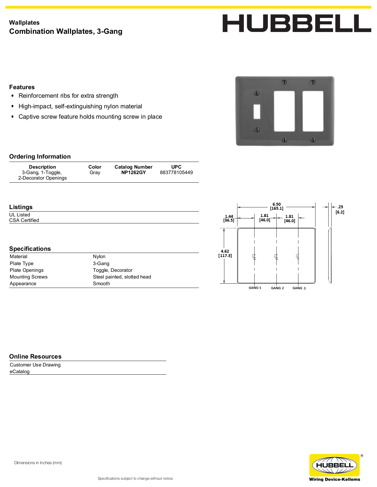 Hubbell NP1262GY Specifications