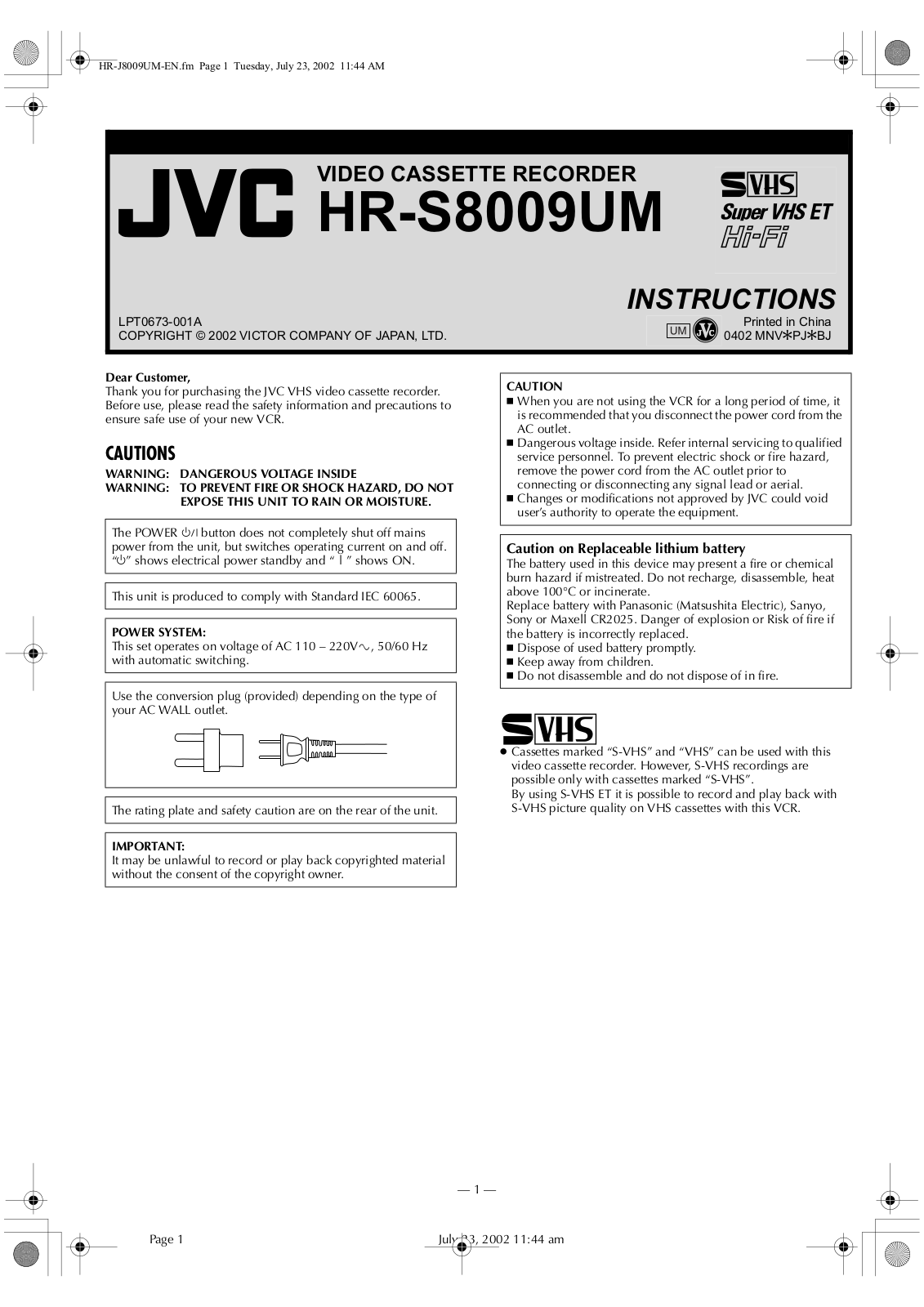 JVC HR-S8009UM User Manual