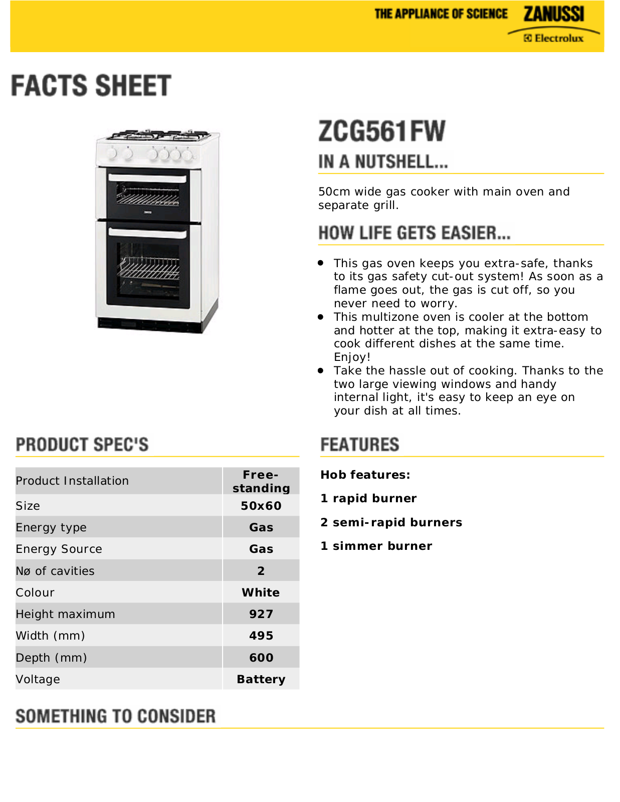 Zanussi ZCG561FW facts sheet