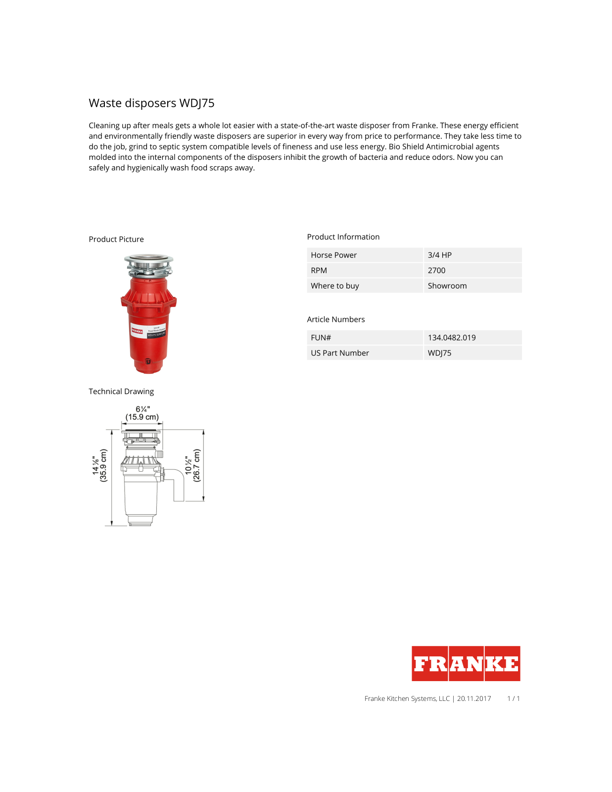 Franke WDJ75 Specification Sheet