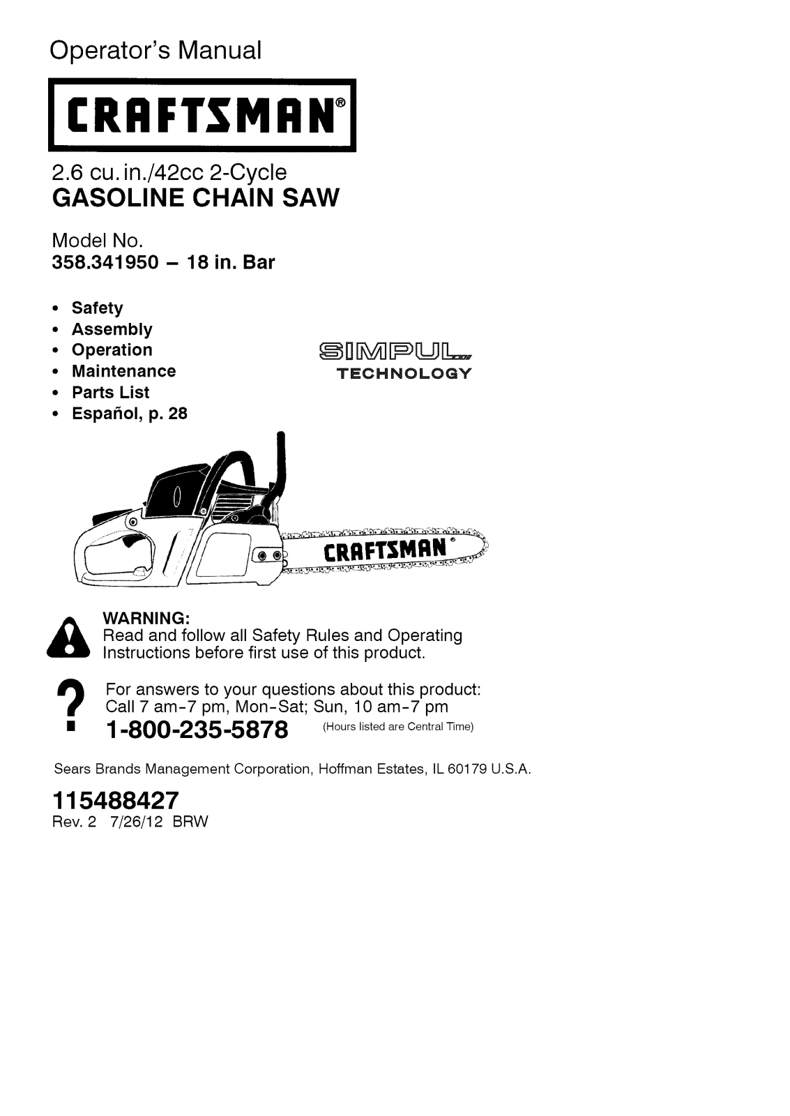 Craftsman 358341950 Owner’s Manual