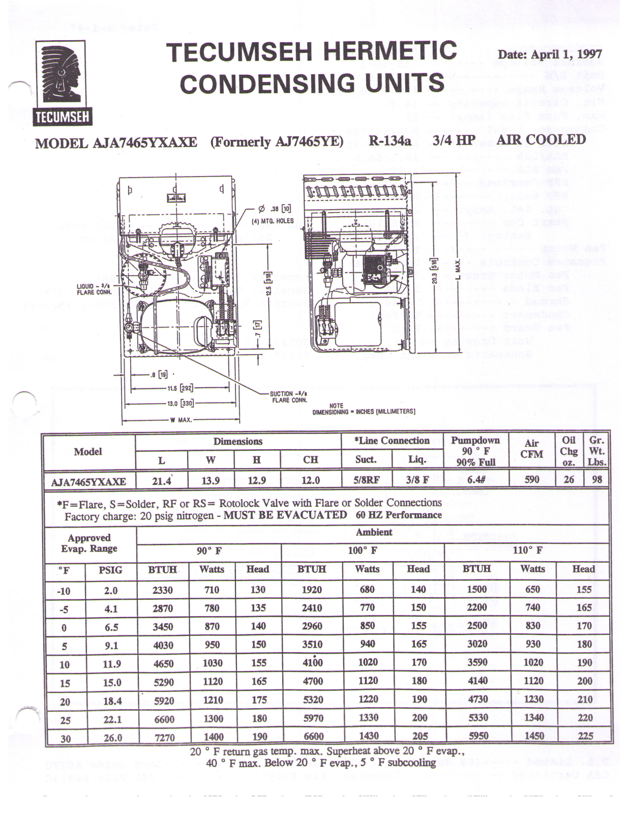 Tecumseh AJA7465YXAXE Performance Data Sheet