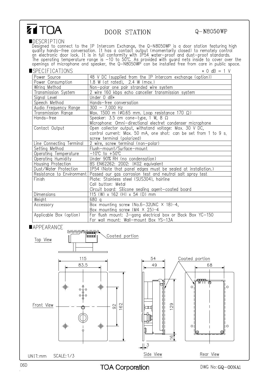 TOA Q-N8050WP User Manual