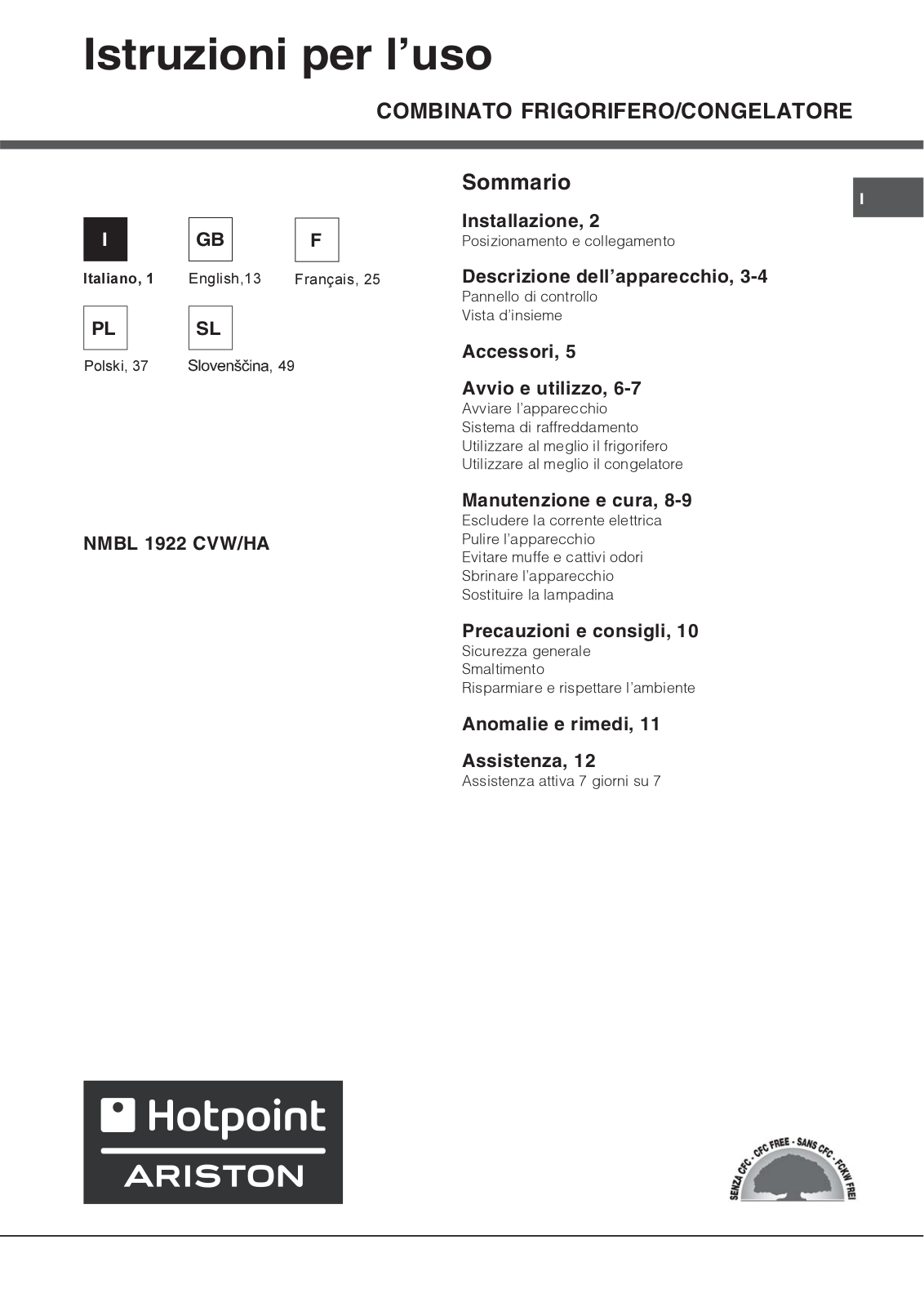 Hotpoint Ariston NMBL 1922 CVW-HA User Manual