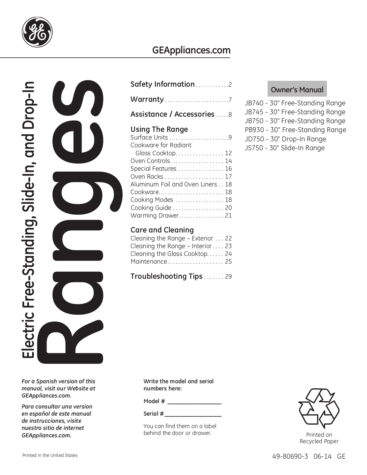 GE JS750DFWW User Manual