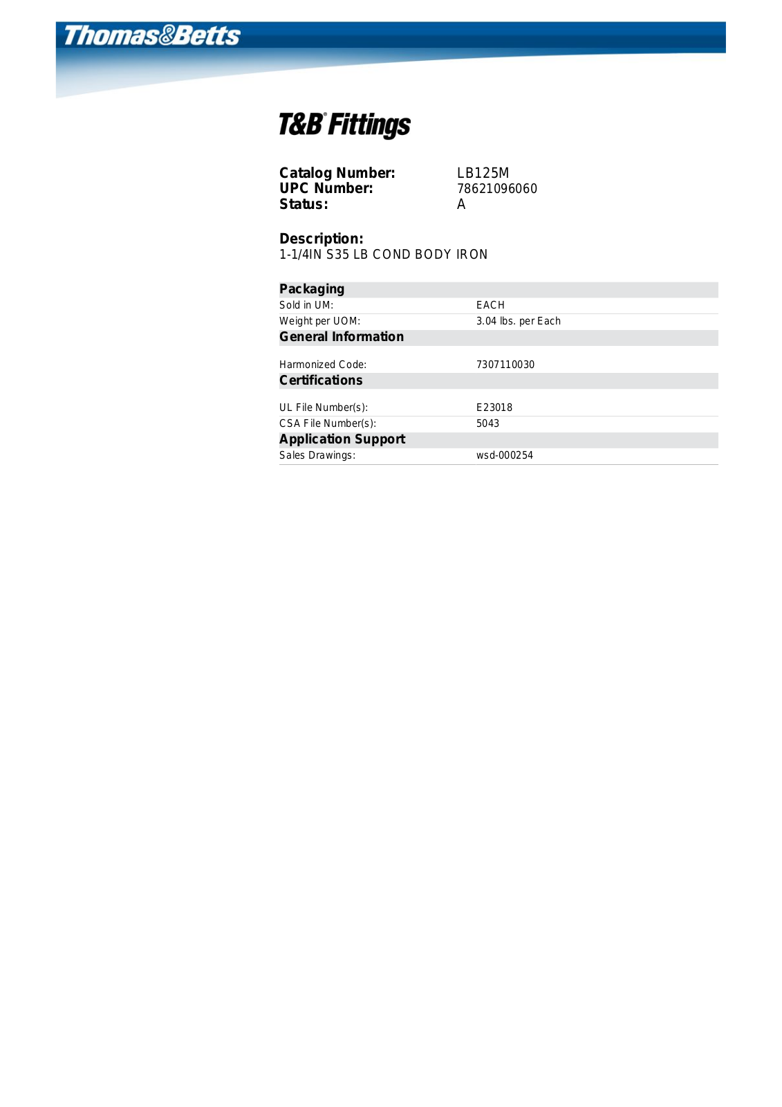 Thomas & Betts LB125M Data Sheet