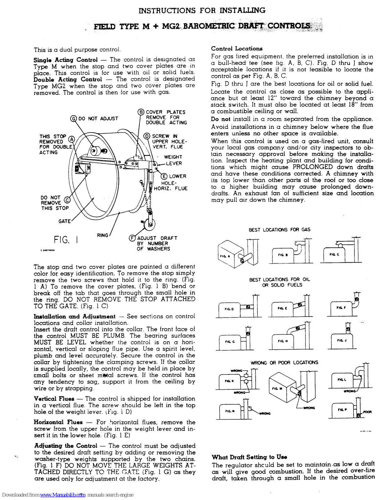 Field Controls 1977000, Type M, Type MG2 Installation Instructions Manual