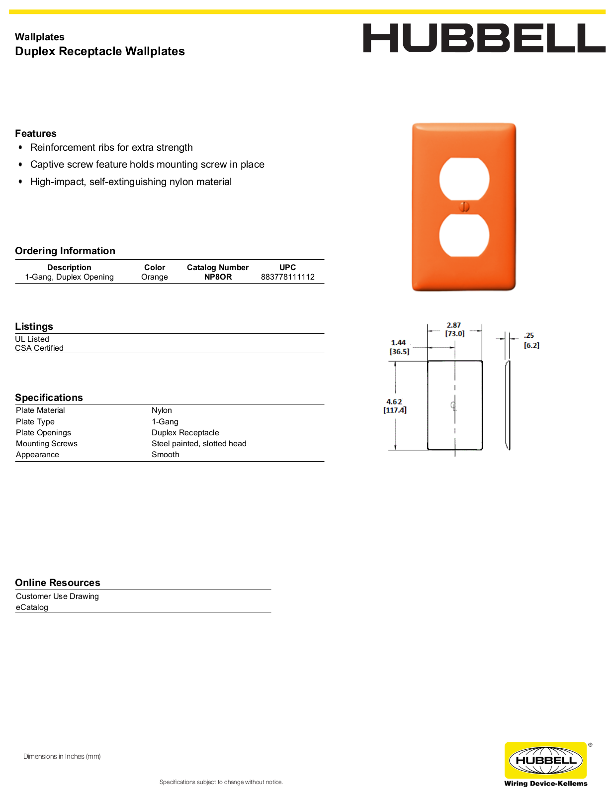 Hubbell NP8OR Specifications