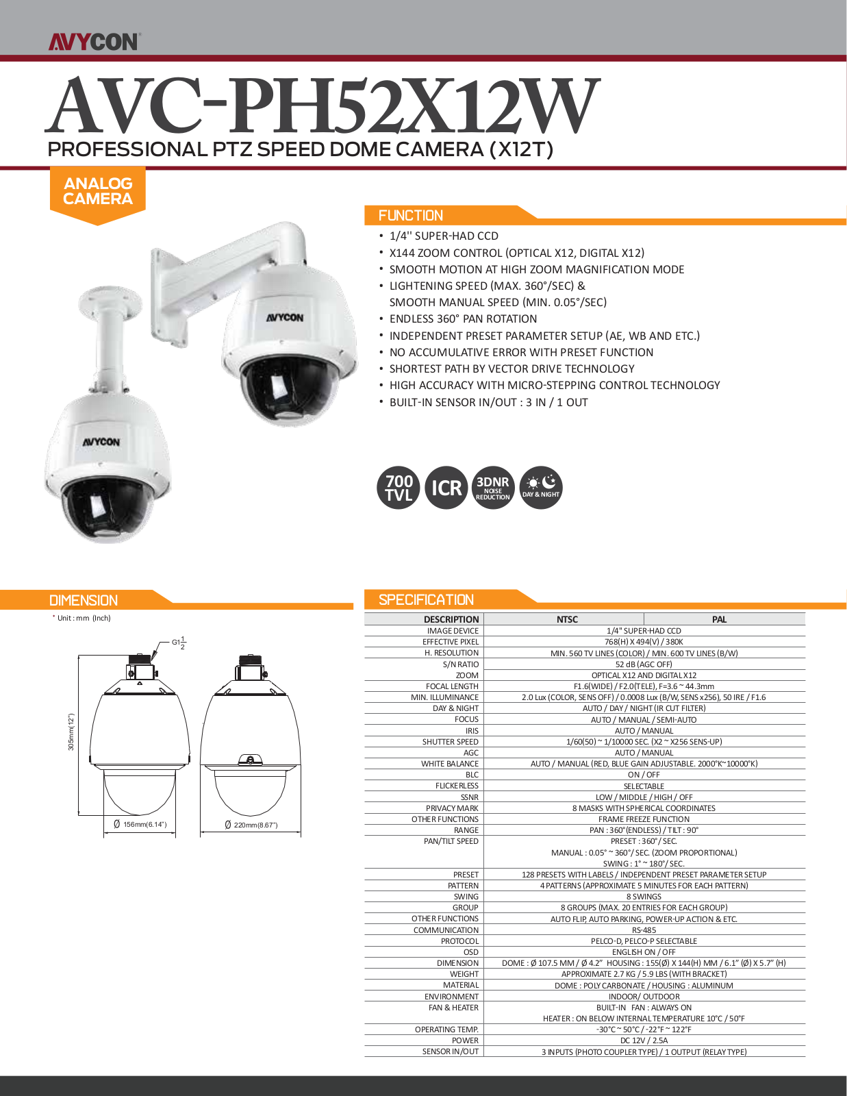 Avycon AVC-PH52X12W Specsheet