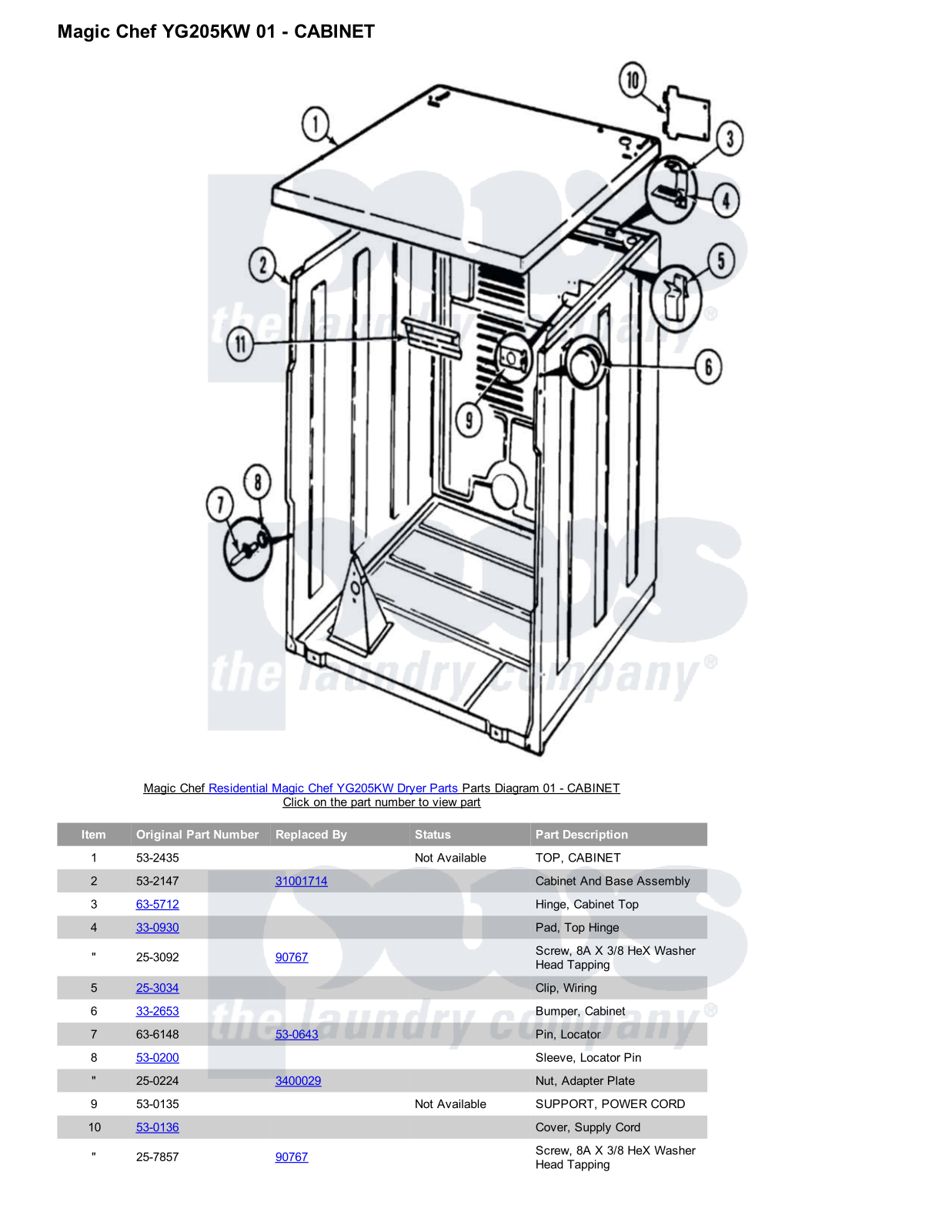 Magic Chef YG205KW Parts Diagram