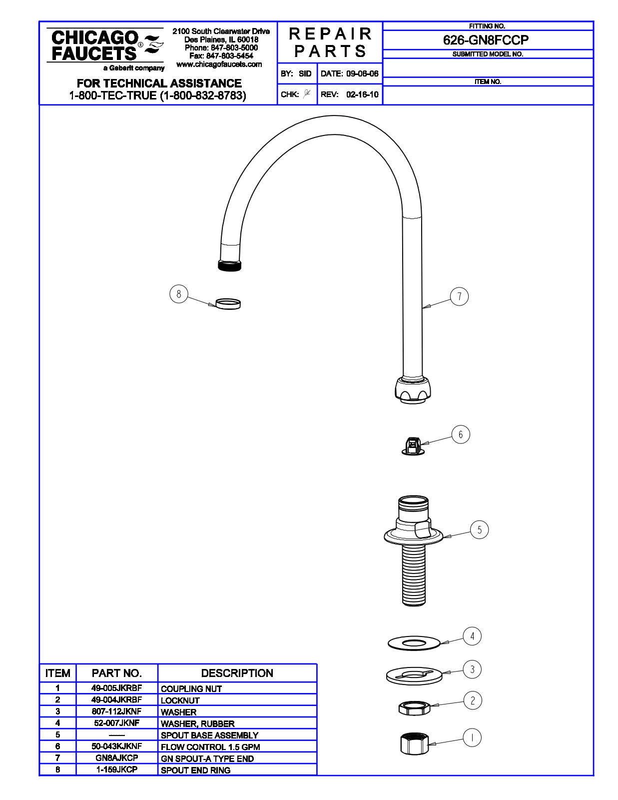 Chicago Faucet 626-GN8FC Parts List