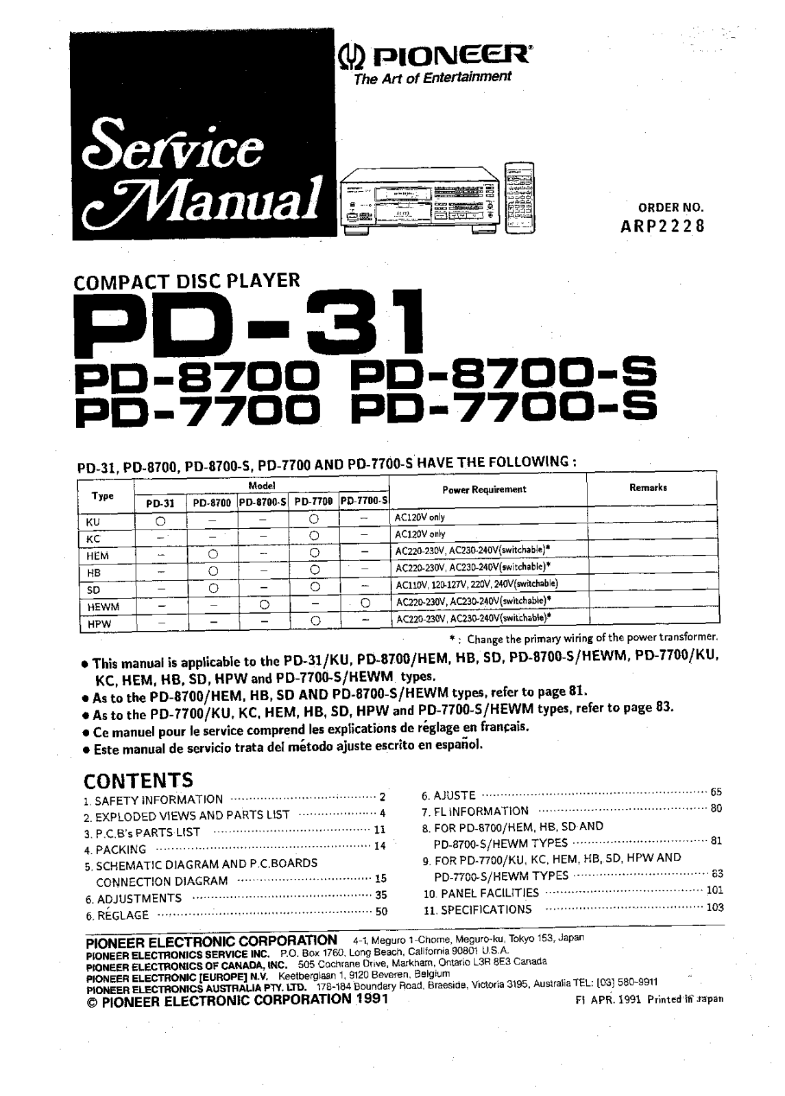 Pioneer PD-31, PD-7700 Service manual