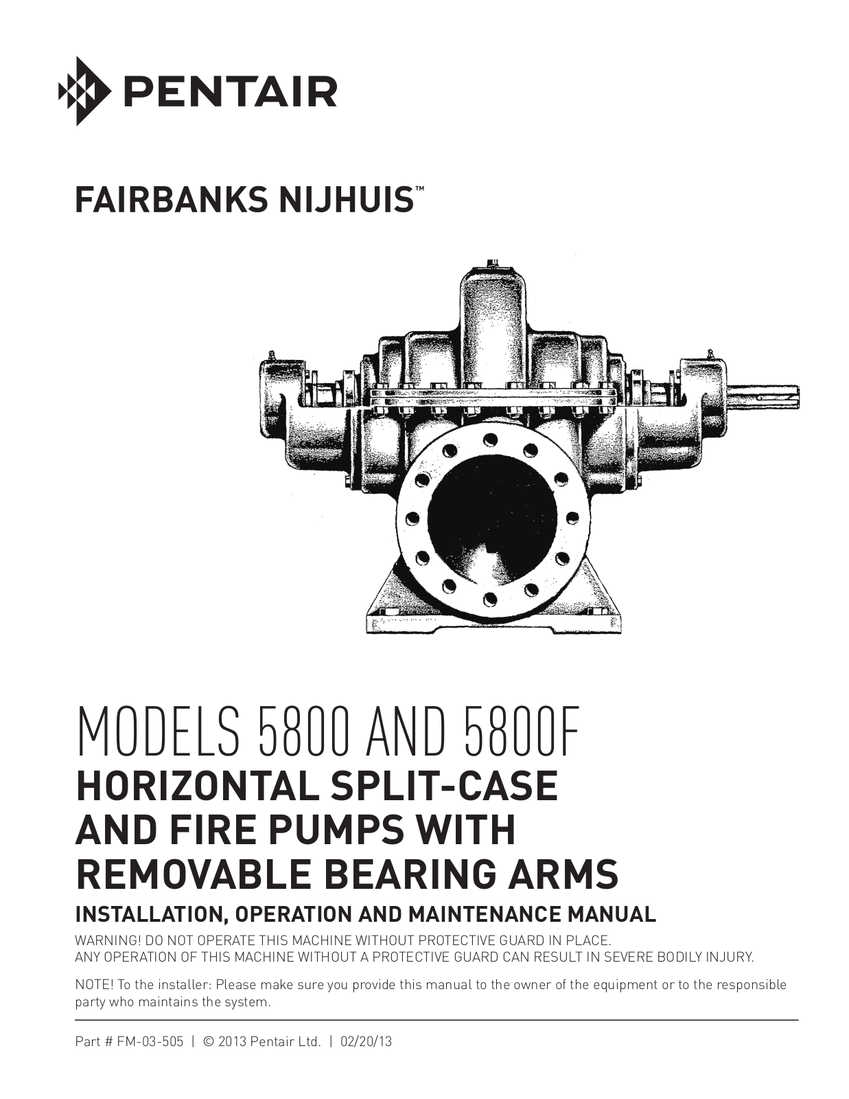 Pentair Fairbanks Nijhuis 5800, Fairbanks Nijhuis 5800F Installation, Operation And Maintenance Manual