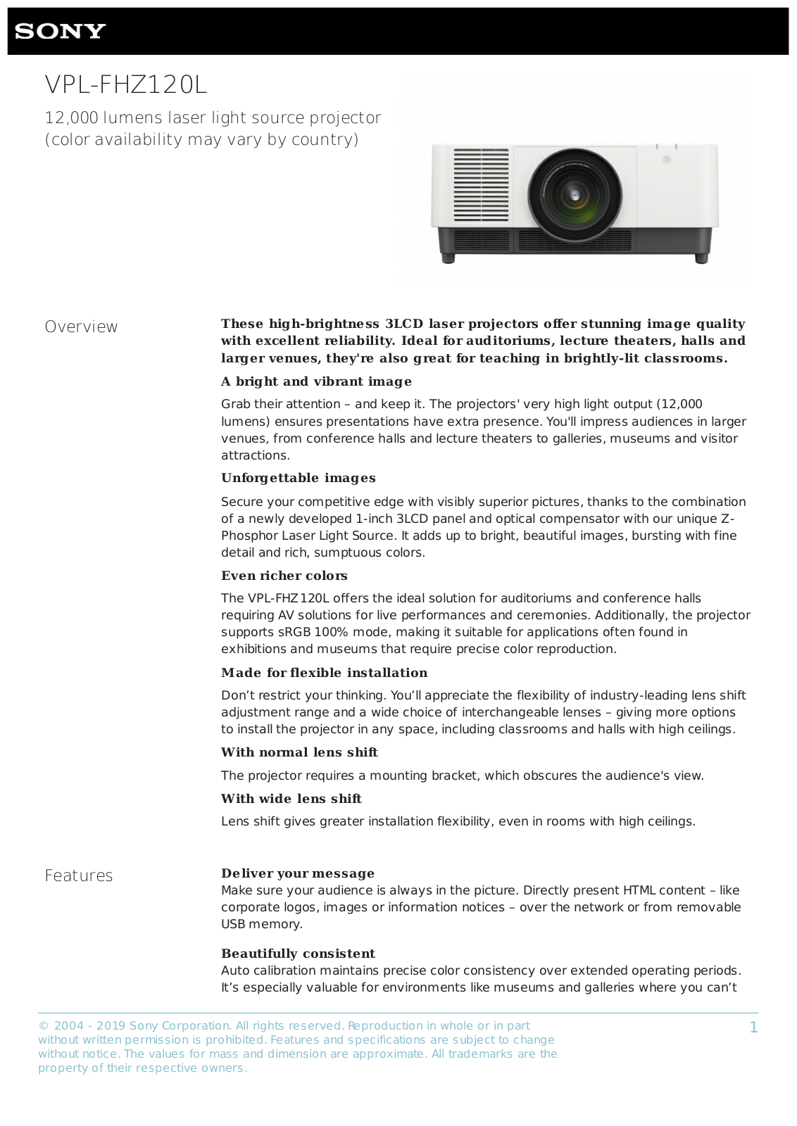 Sony VPLFHZ120W Data Sheet