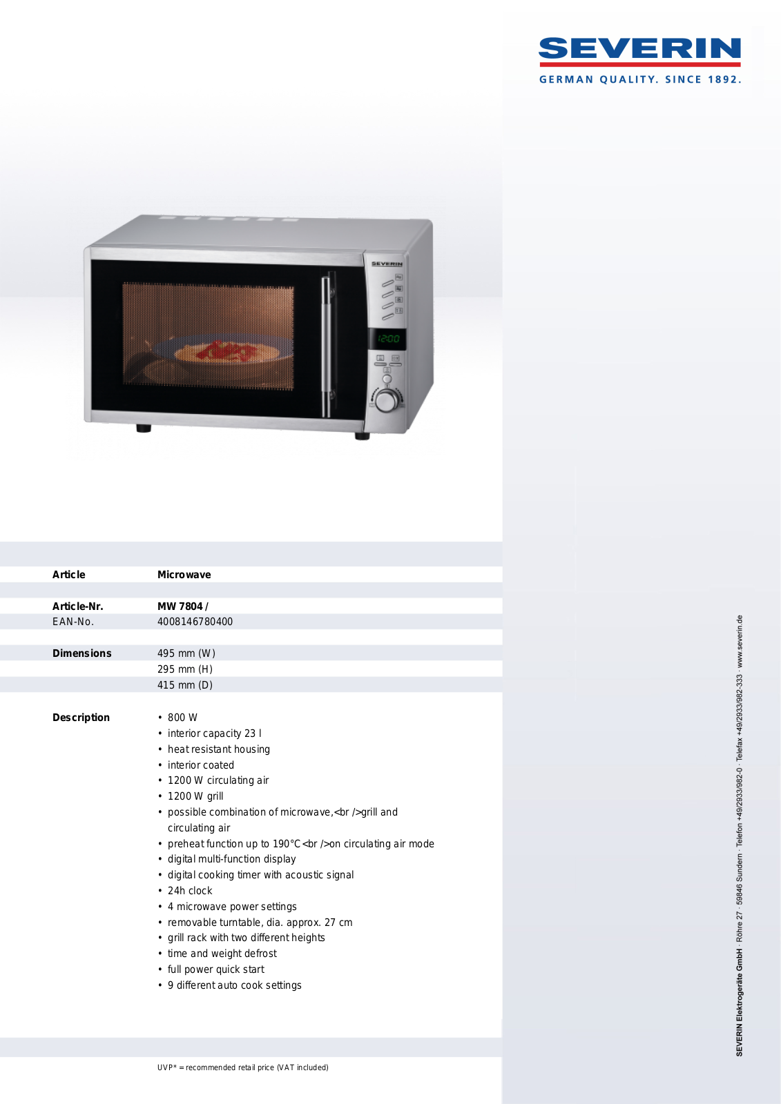 Severin MICROWAVE, MW 7804 User Manual