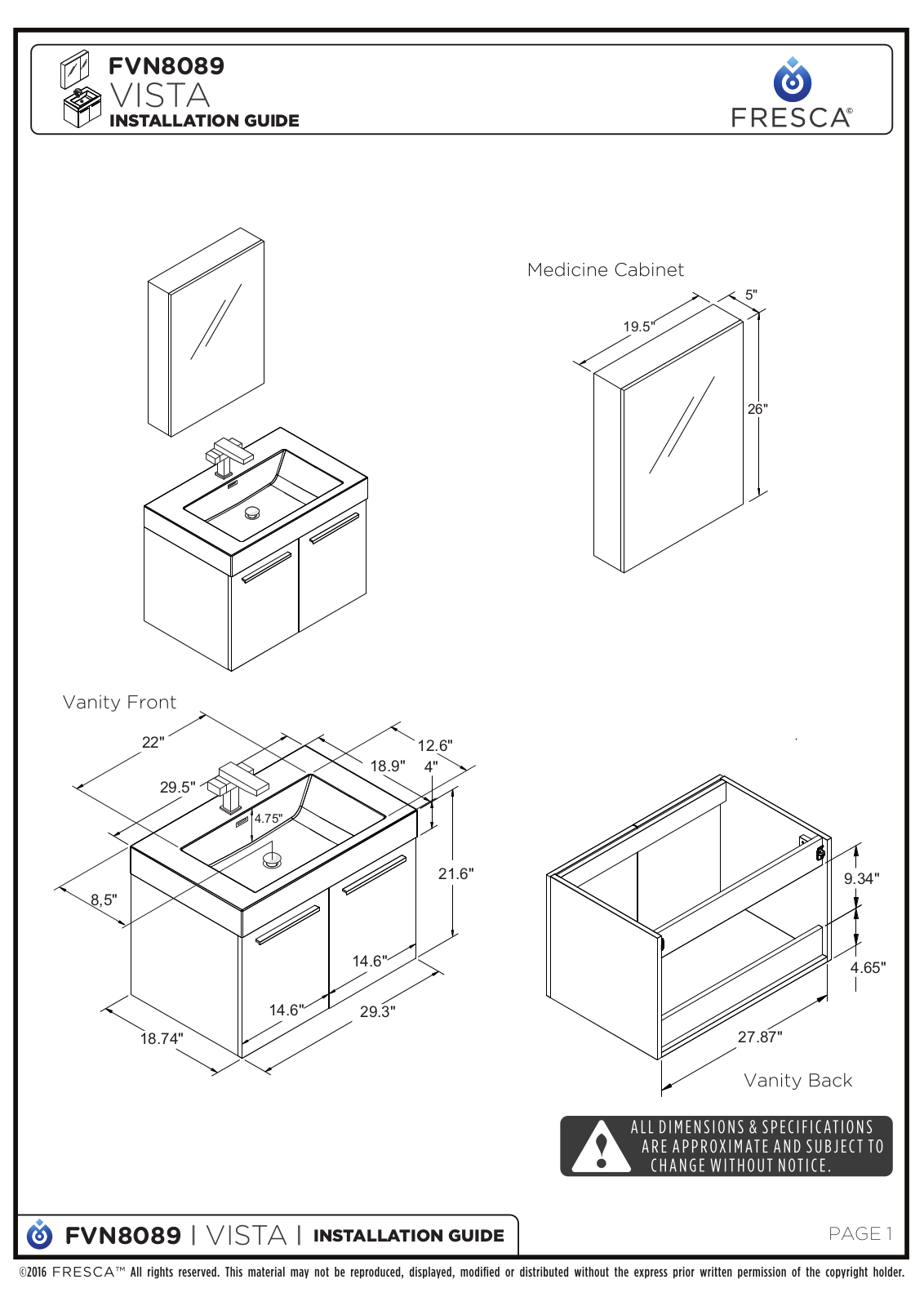 Fresca FVN8089WH Installation Manual