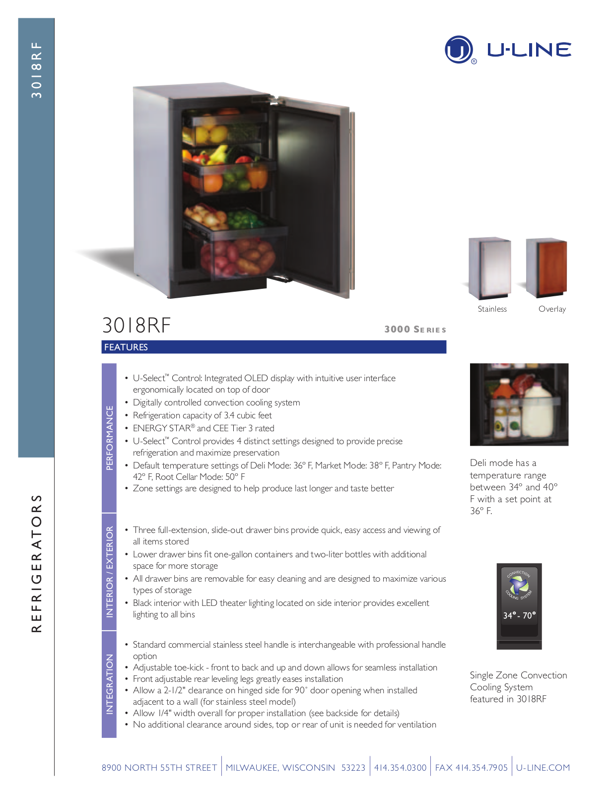 U-Line U-3018RFS-00, U-3018RFS-01, U-3018RFOL-01 Specification Sheet