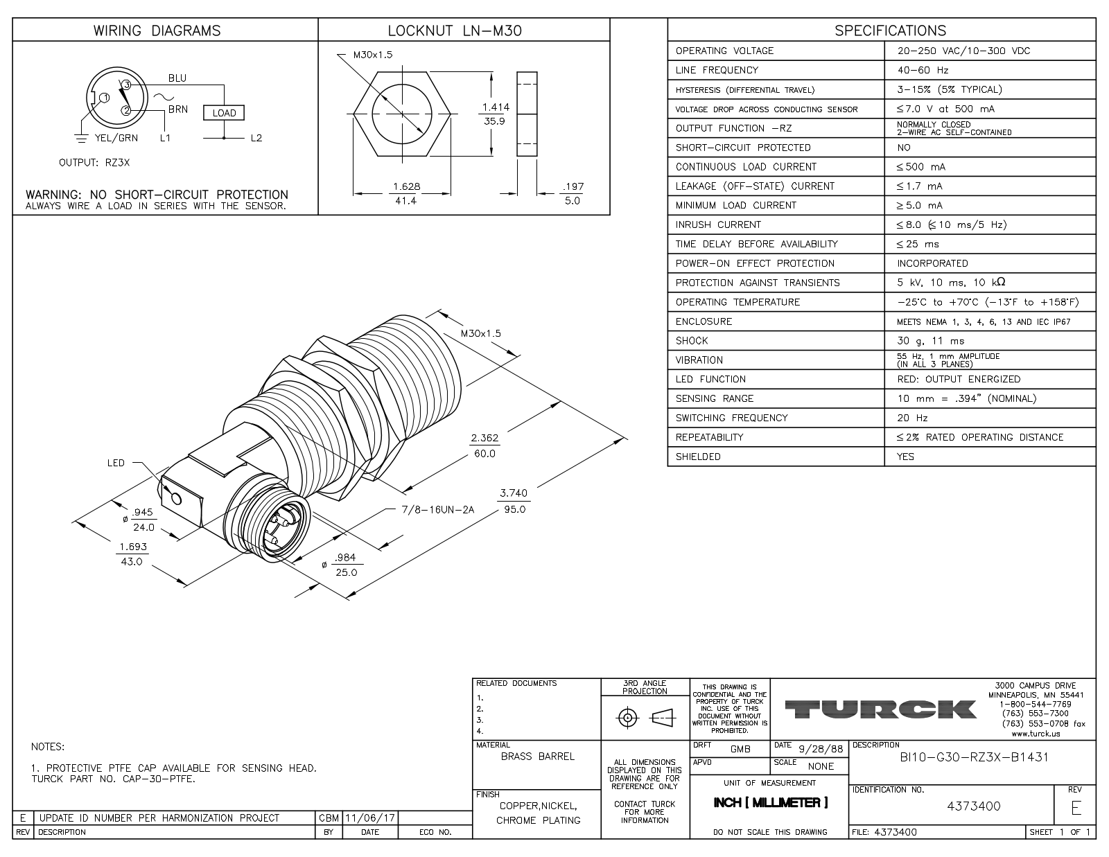 Turck BI10-G30-RZ3X-B1431 Data Sheet