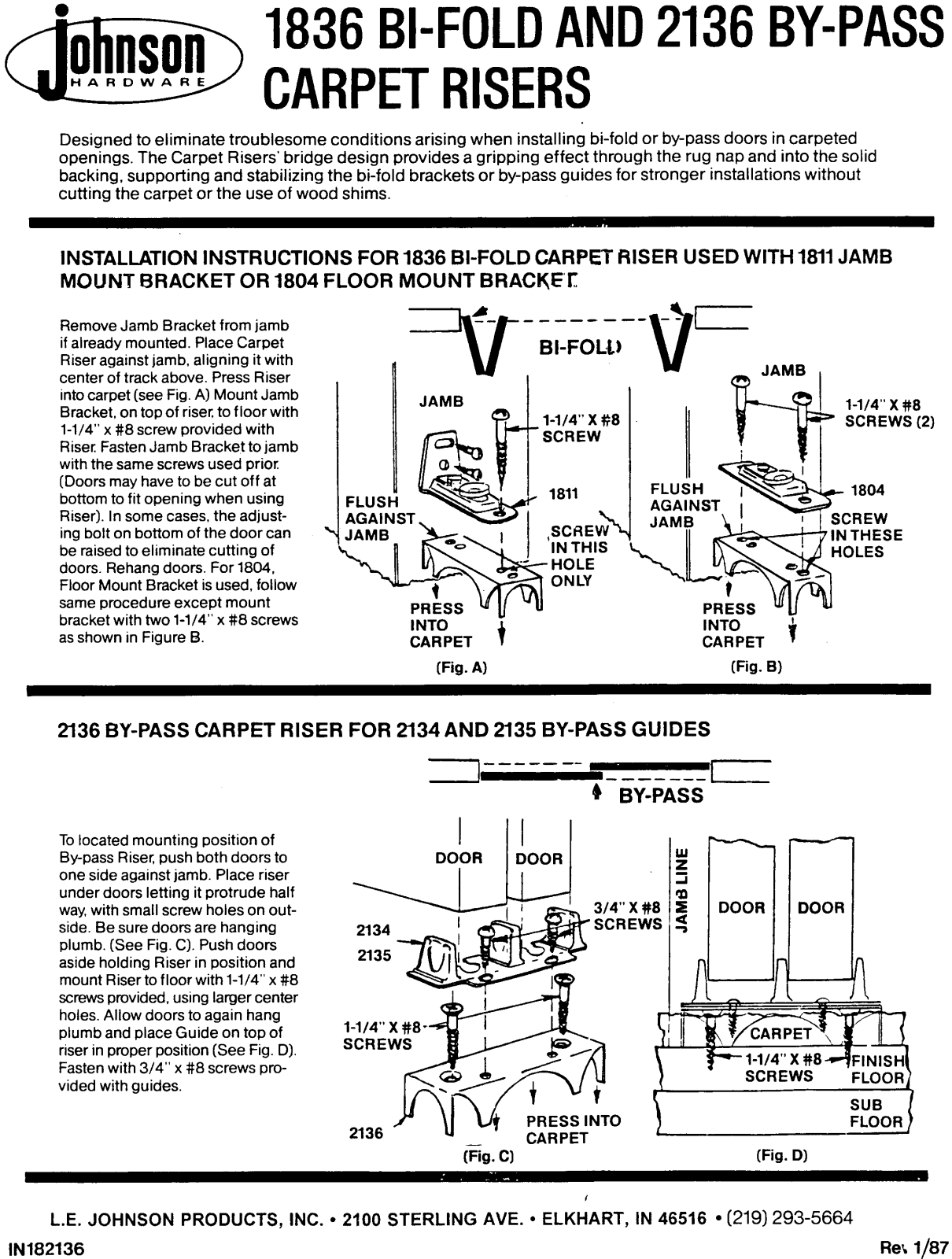 Johnson Hardware 2136, 1836, IN182136 User Manual