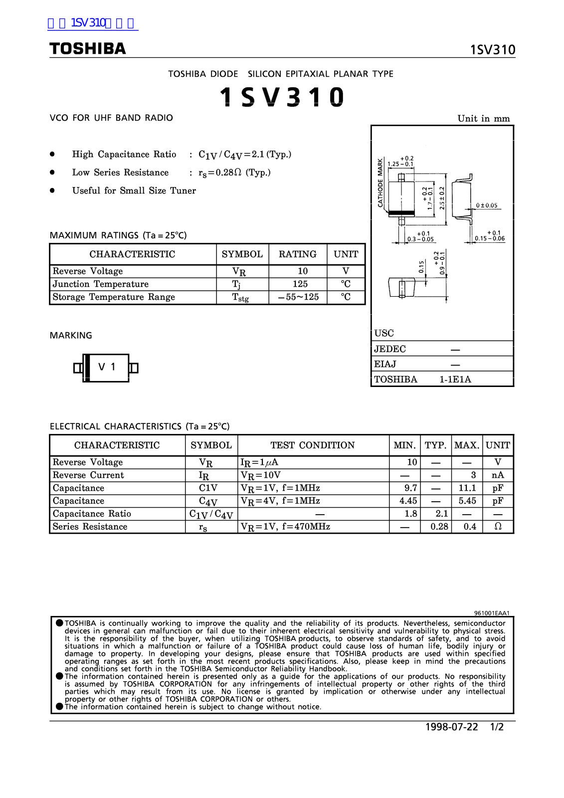 TOSHIBA 1SV310 Technical data