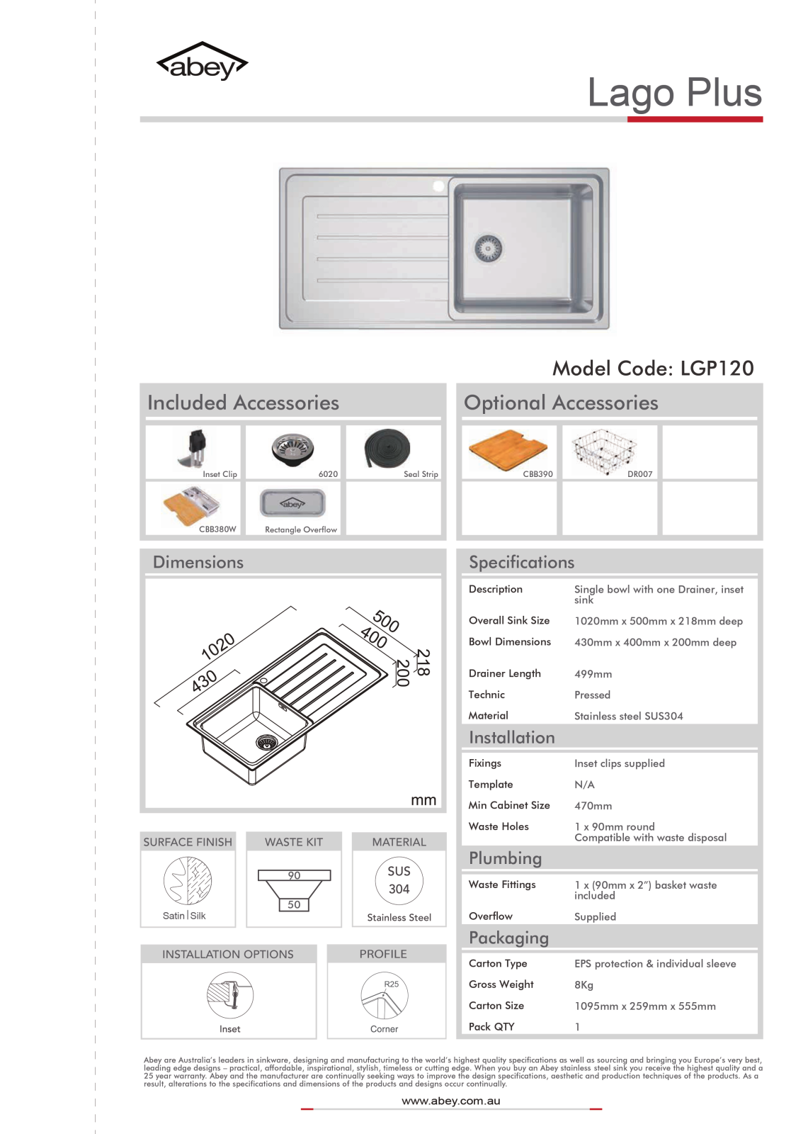 Abey LGP120R Specifications Sheet - ManualMachine.com