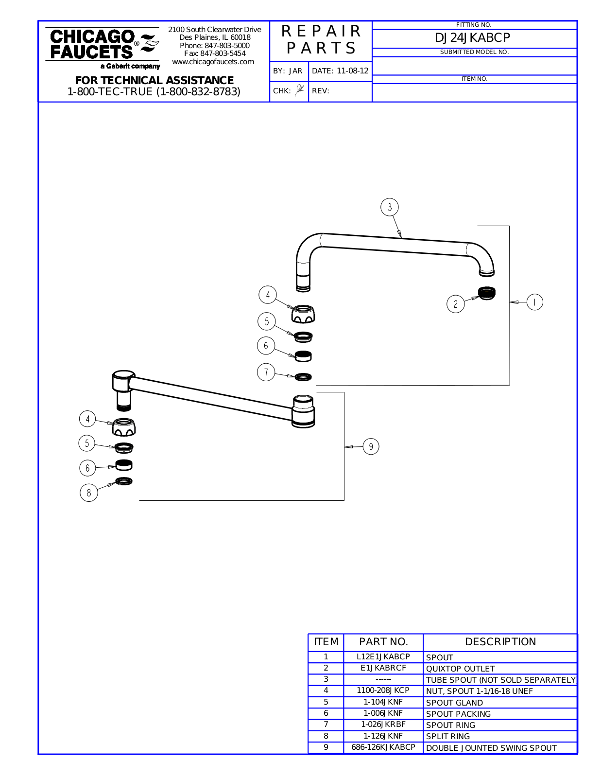 Chicago Faucet DJ24JKABCP Parts List