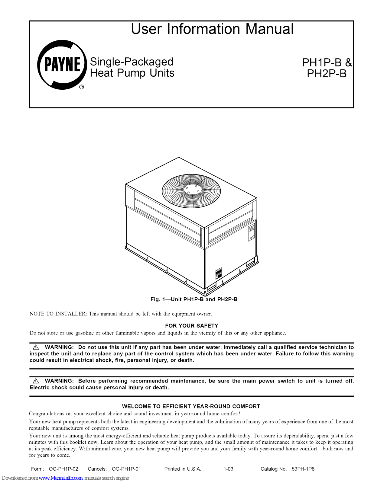 Payne PH2P-B Series, PH1P-B Series, PH1PB018, PH1PB030, PH1PB036 User's Information Manual - ManualMachine.com